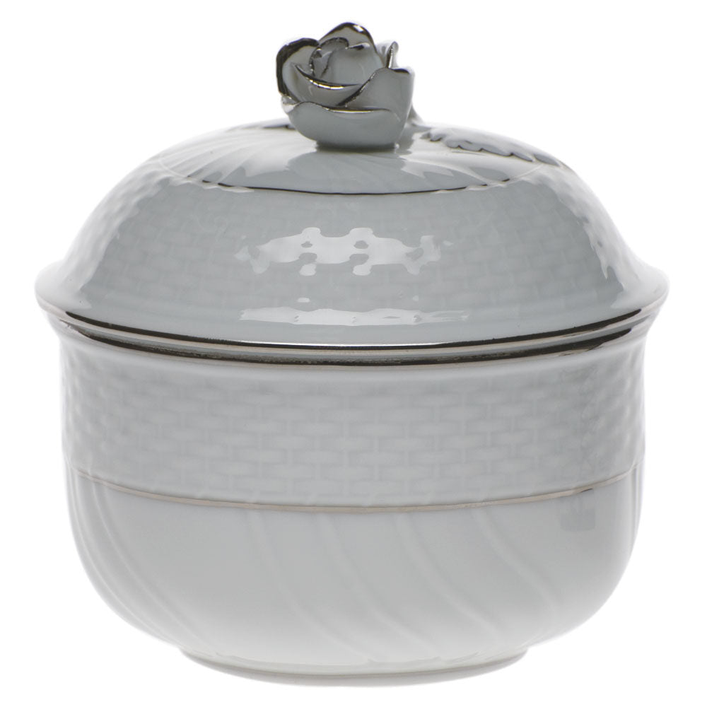 Hand-painted Herend Platinum Edge Covered Sugar with Rose Sugar Bowl in fine porcelain, (6 OZ) 4in H, on a white background