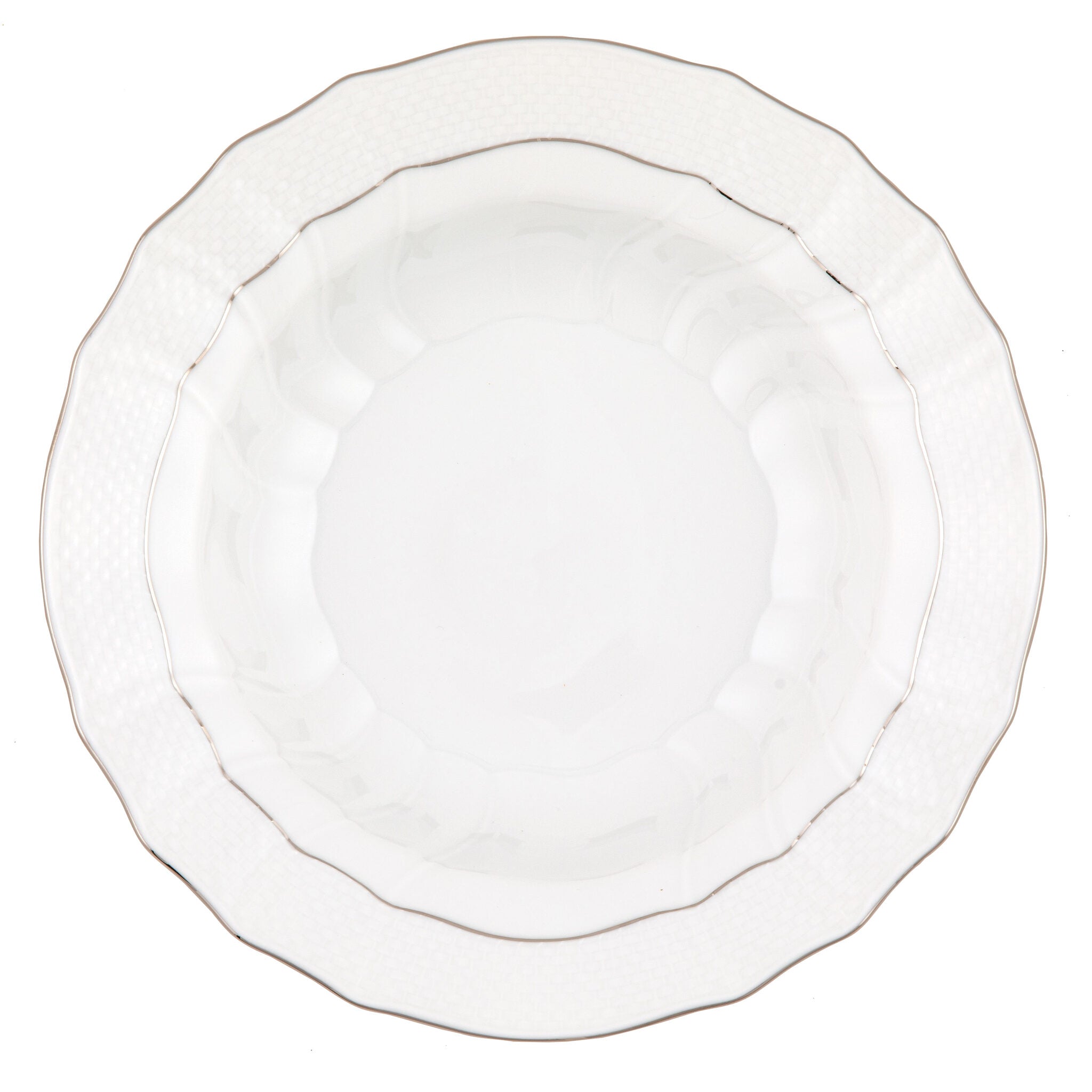 Hand-painted Herend Platinum Edge Rim Soup Soup Plates & Rimmed Soup Bowl in fine porcelain, 9.5in D, on a white background