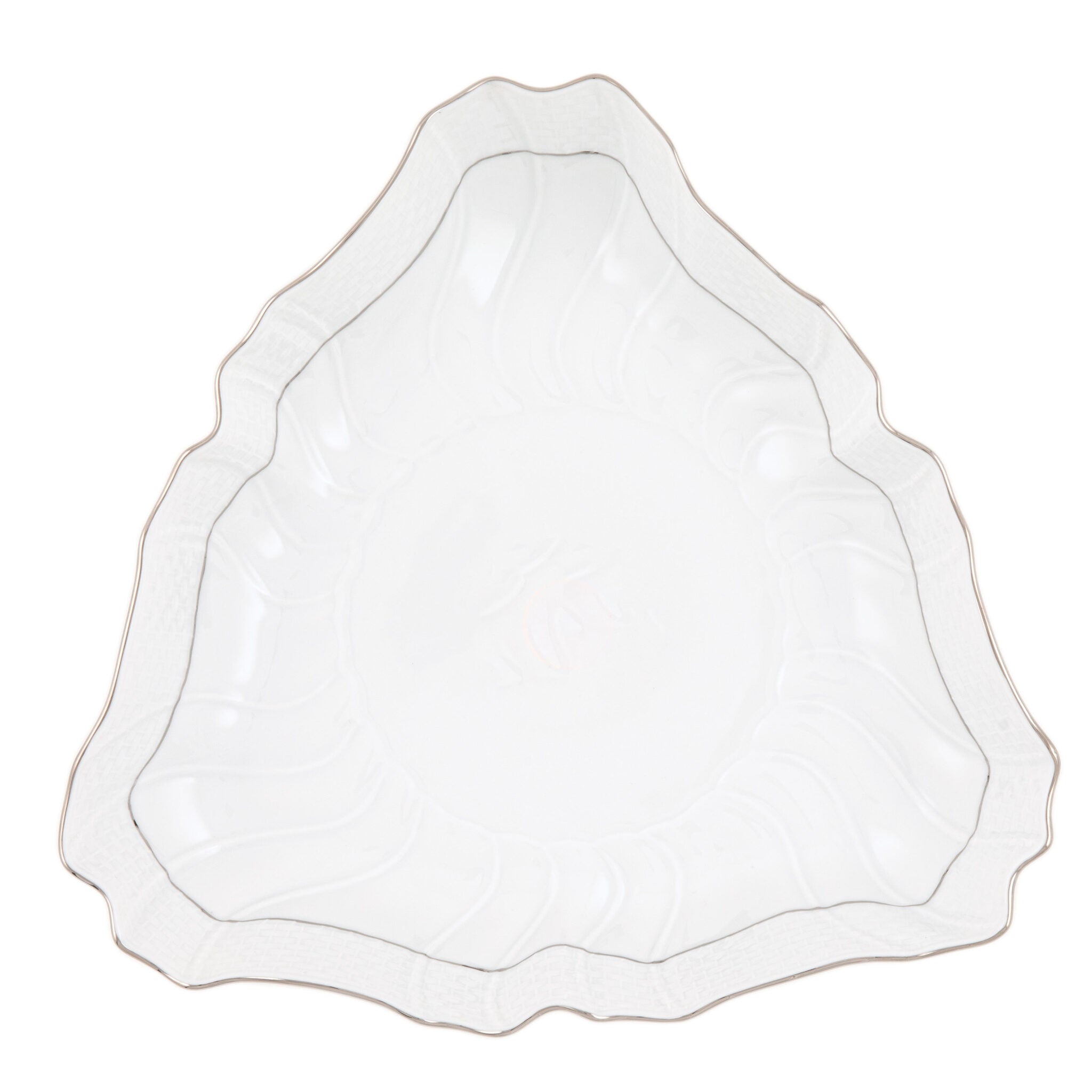 Hand-painted Herend Platinum Edge Triangle Dish in fine porcelain, 9.5in L, on a white background