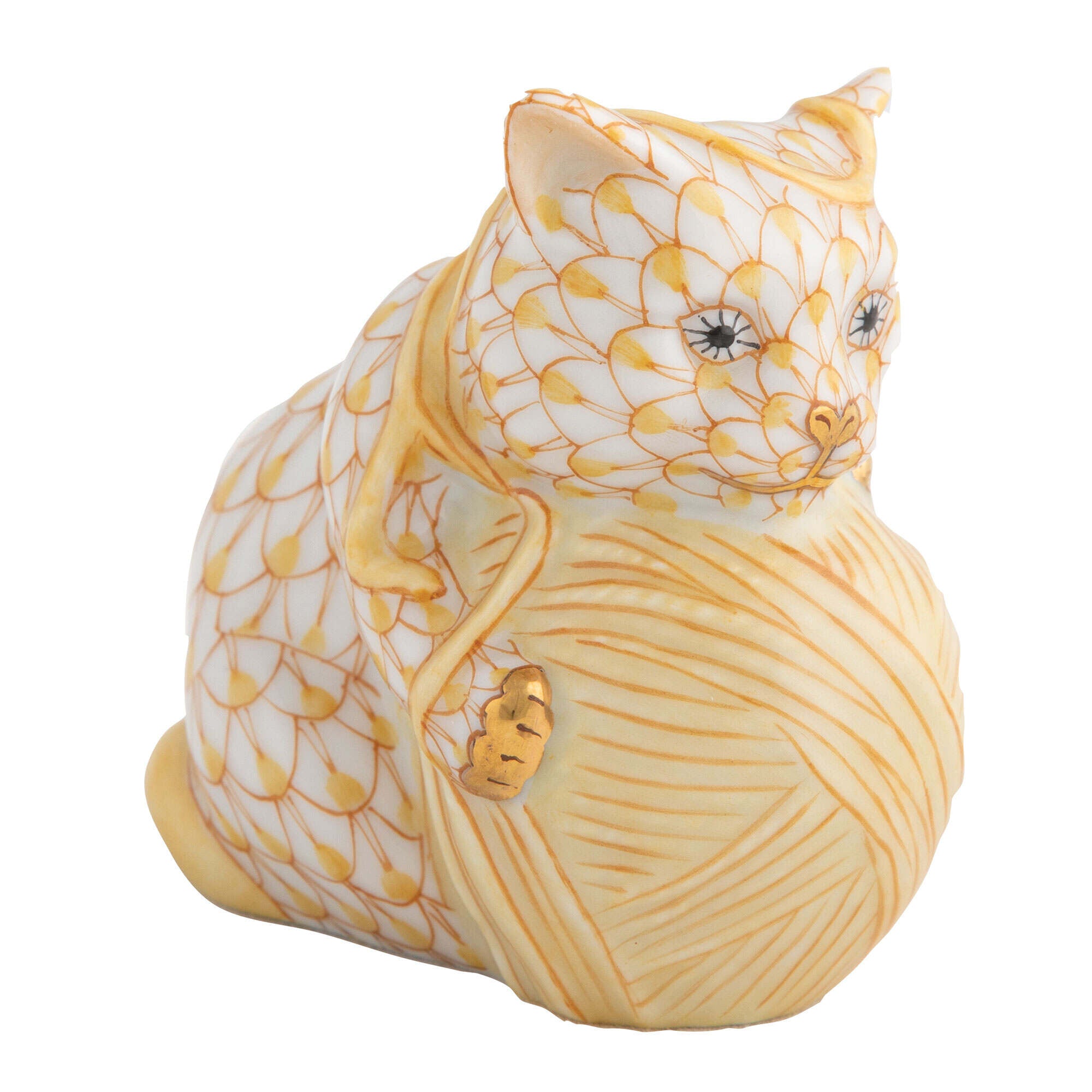 Hand-painted Herend Playful Kitten Figurine in Butterscotch fishnet porcelain on a white background