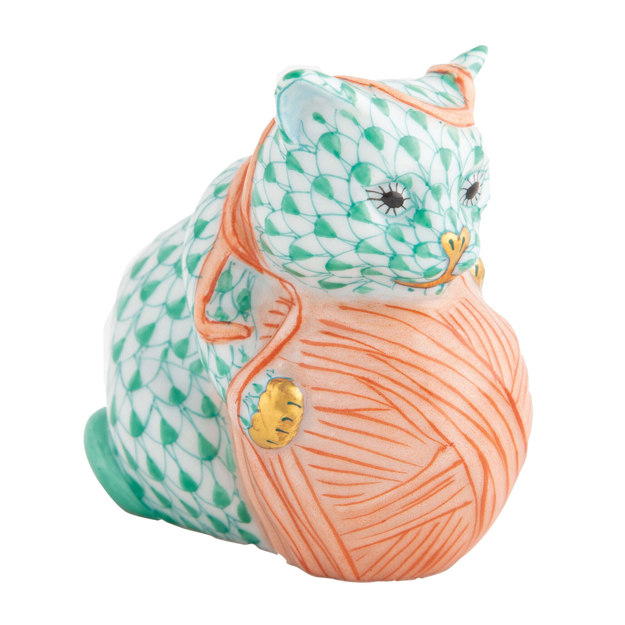 Herend Playful Kitten Figurine porcelain figurine painted in the Green fishnet pattern