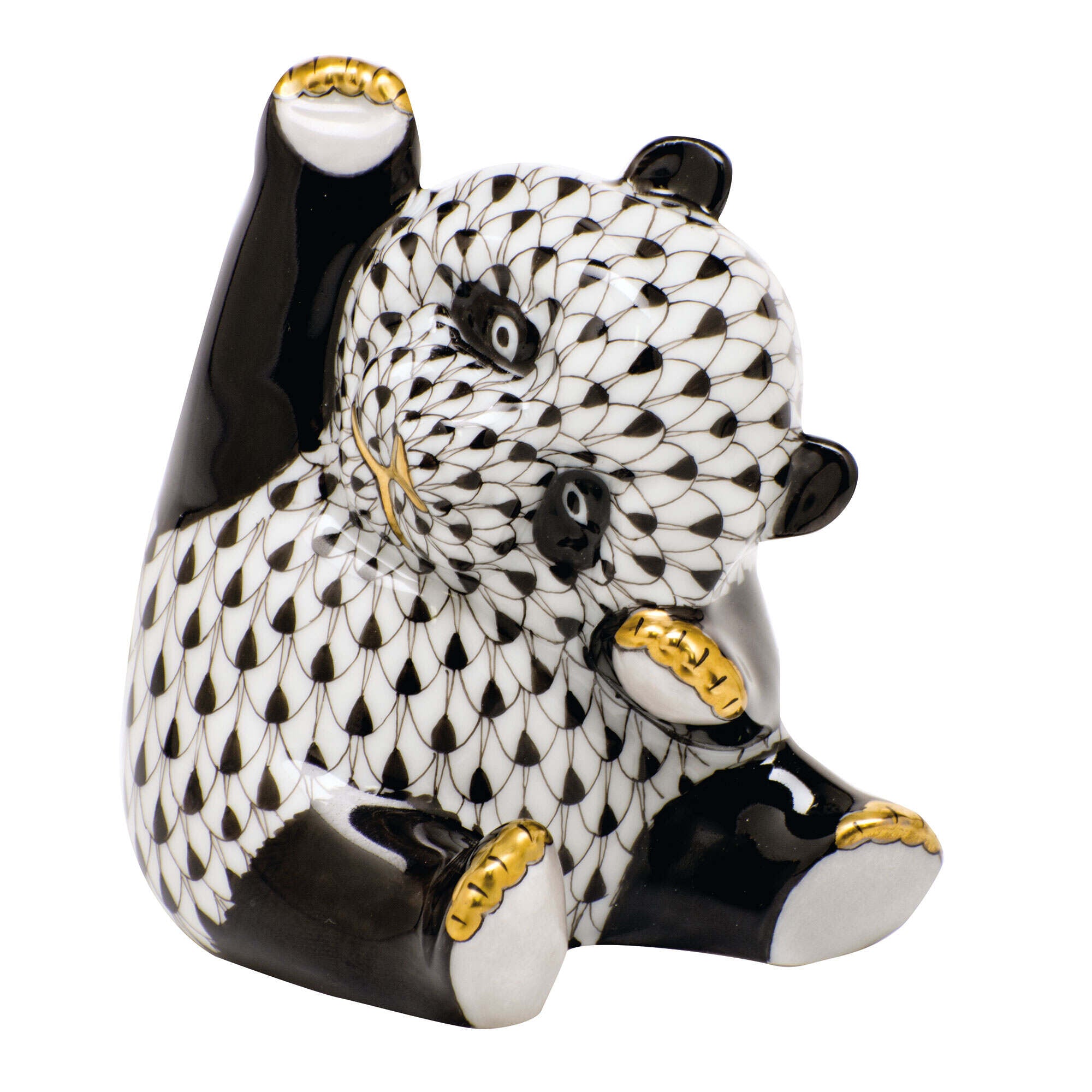 Hand-painted Herend Playful Panda Figurine in fine porcelain, 2.5in L X 3in H, on a white background