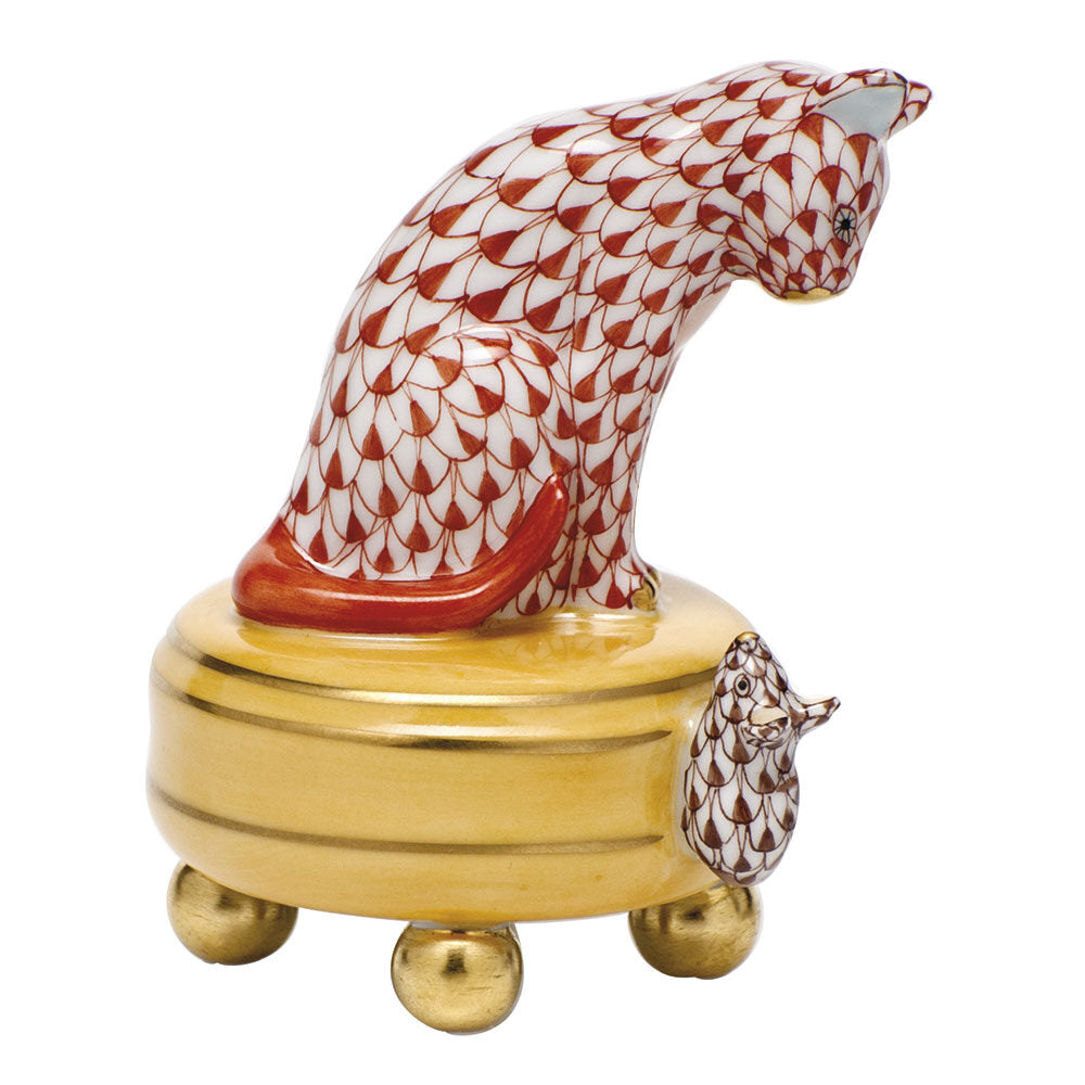 Rust-Chocolate fishnet Playing Cat and Mouse Figurine figurine, hand-painted Herend porcelain with 24k gold accents