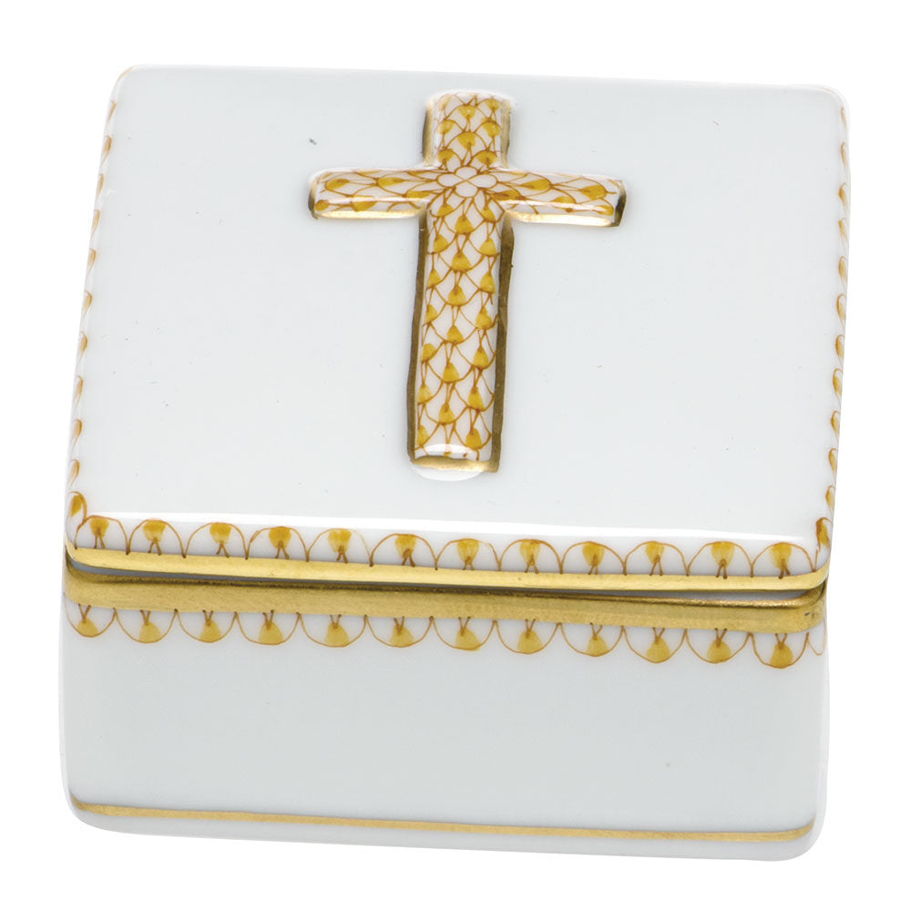 Hand-painted Herend Prayer Box in Butterscotch fishnet porcelain on a white background