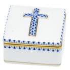Hand-painted Herend Prayer Box in Sapphire fishnet porcelain on a white background
