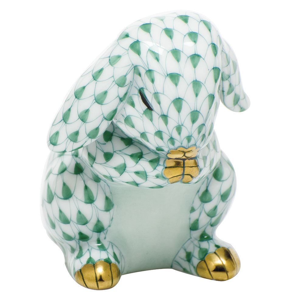 Green fishnet Praying Bunny Figurine figurine, hand-painted Herend porcelain with 24k gold accents