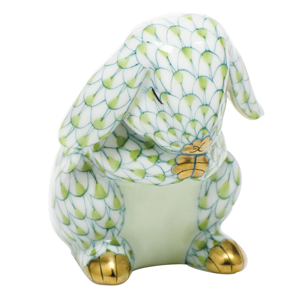 Hand-painted Herend Praying Bunny Figurine in Key Lime fishnet porcelain on a white background