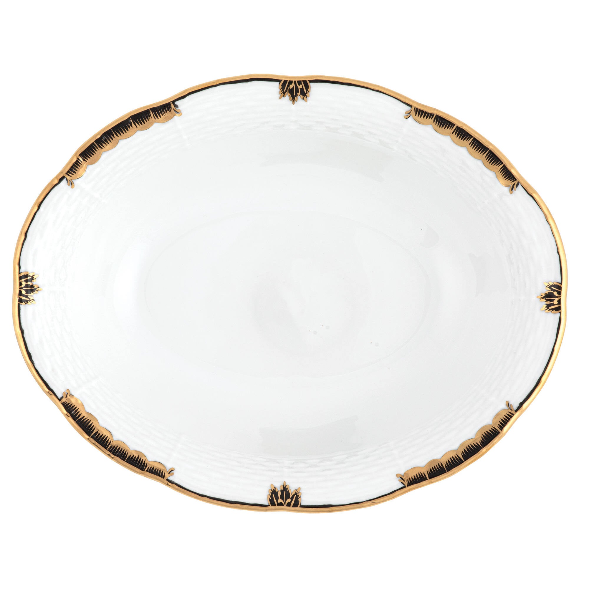 Hand-painted Herend Princess Victoria Black Oval Vegetable Dish Serving Bowl in fine porcelain, 10in L X 8in W, on a white background