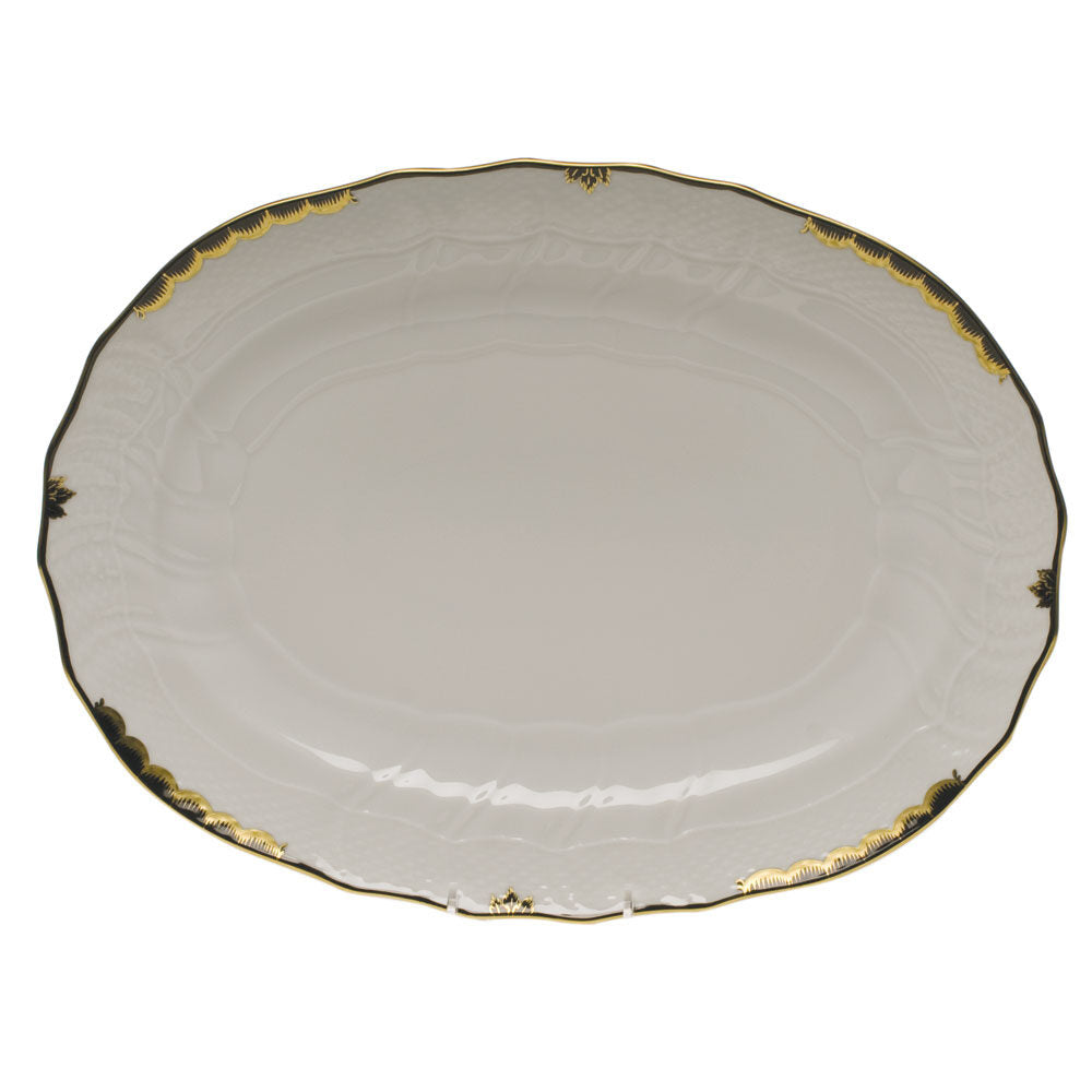 Hand-painted Herend Princess Victoria Black Platter in fine porcelain, 15in L X 11.5in W, on a white background
