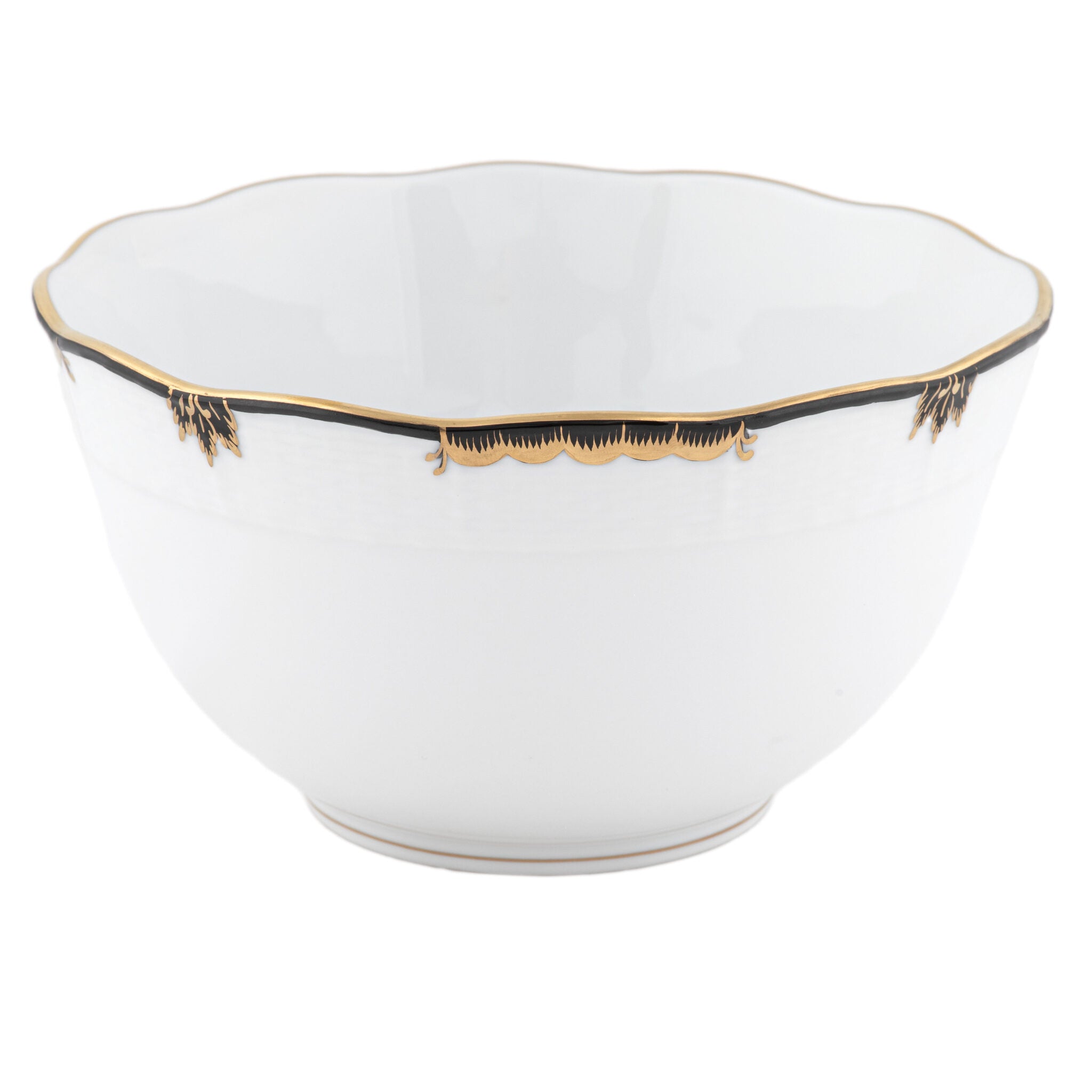 Hand-painted Herend Princess Victoria Black Round Bowl in fine porcelain, (3.5 PT) 7.5in D, on a white background