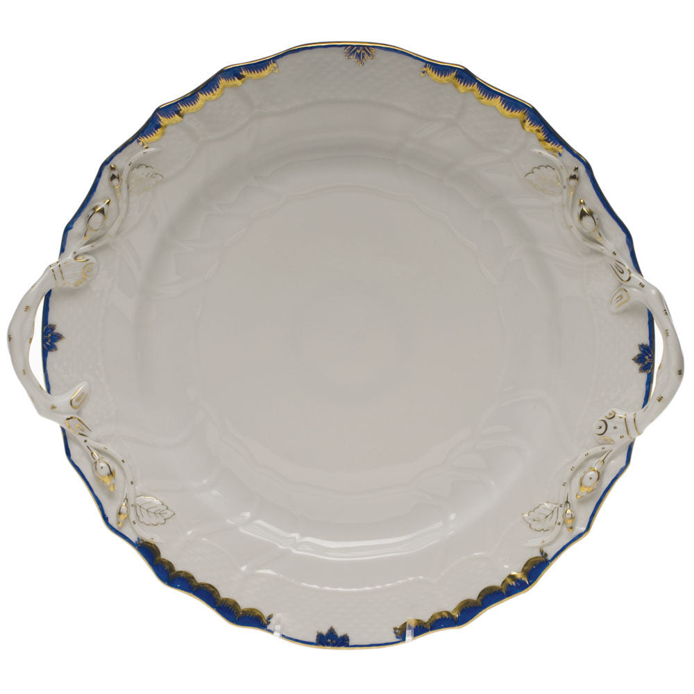 Hand-painted Herend Princess Victoria Blue Chop Plate with Handles in fine porcelain, 12in D, on a white background