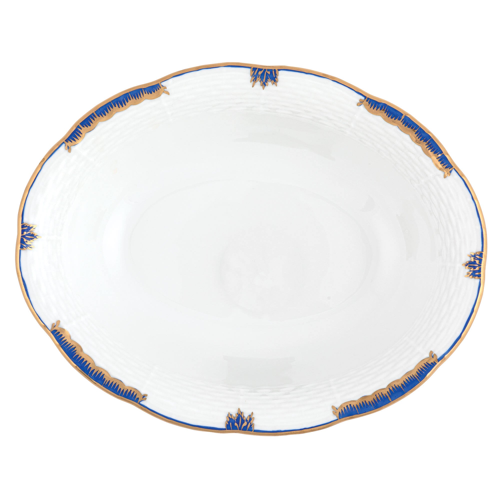 Hand-painted Herend Princess Victoria Blue Oval Vegetable Dish Serving Bowl in fine porcelain, 10in L X 8in W, on a white background