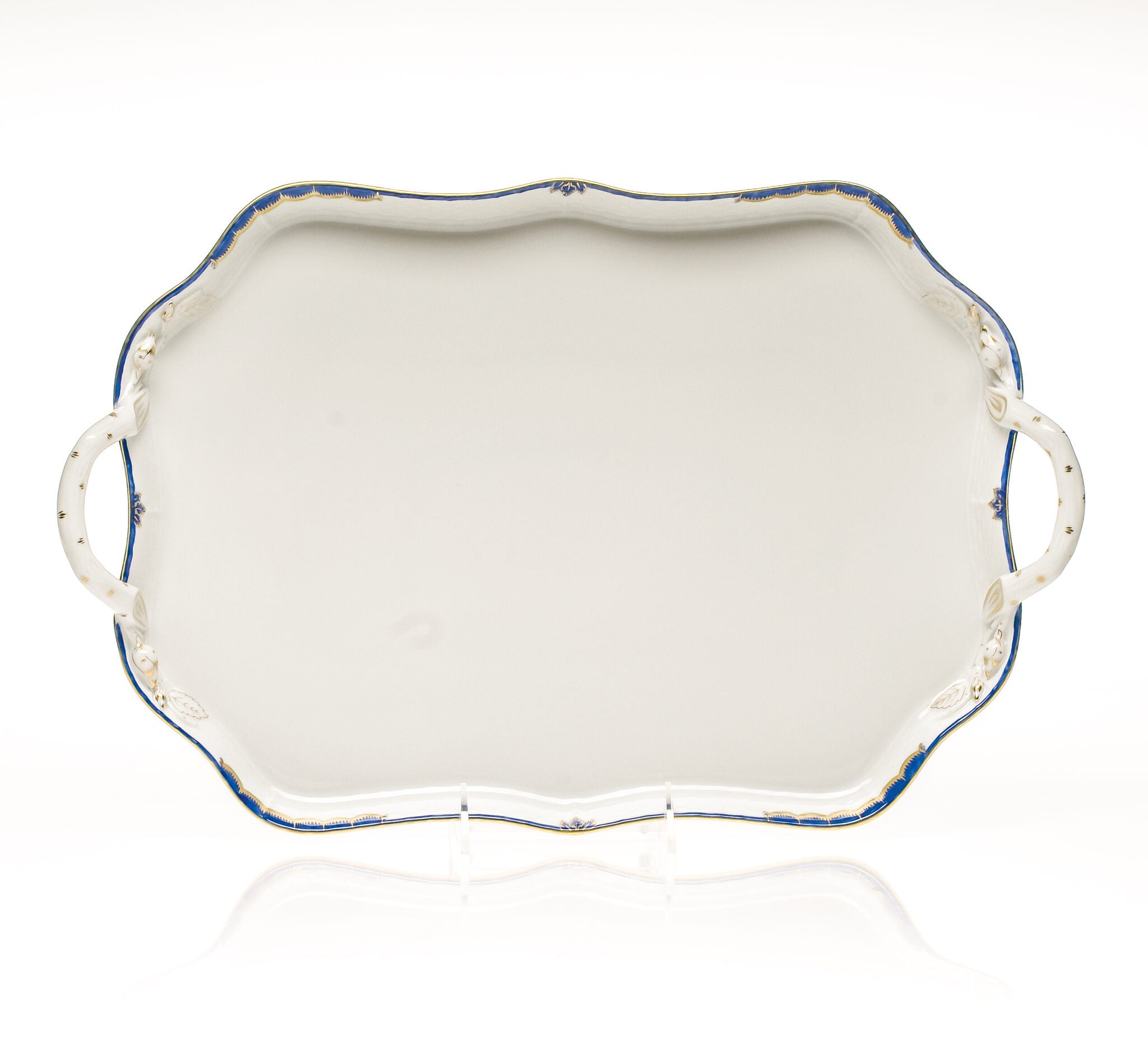 Hand-painted Herend Princess Victoria Blue Rec Tray with Branch Handles in fine porcelain, 18in L, on a white background