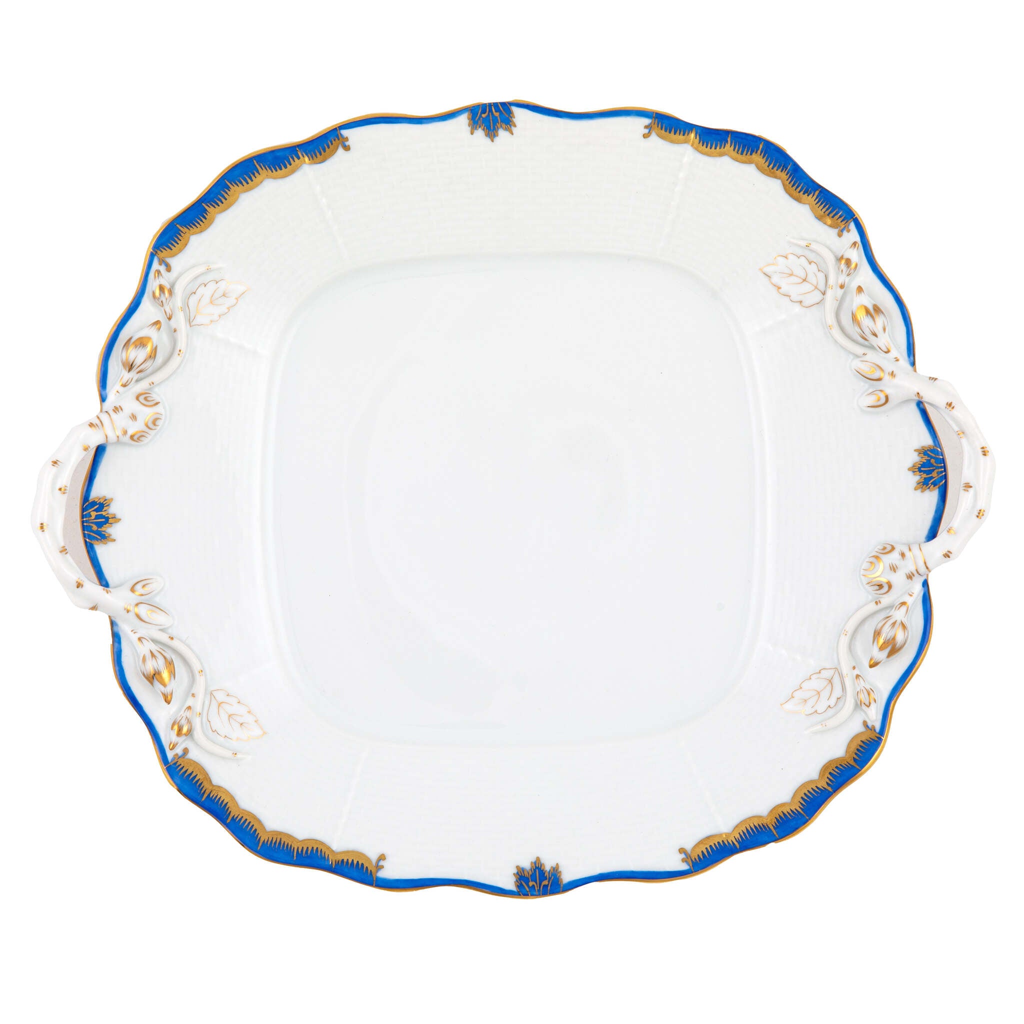 Hand-painted Herend Princess Victoria Blue Square Cake Plate with Handles in fine porcelain, 9.5in SQ, on a white background