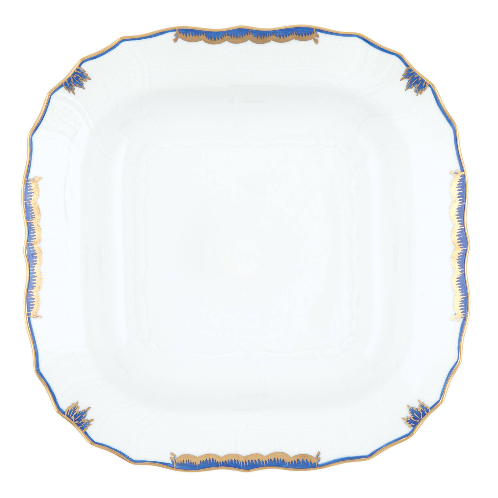 Hand-painted Herend Princess Victoria Blue Square Fruit Dish in fine porcelain, 11in SQ, on a white background