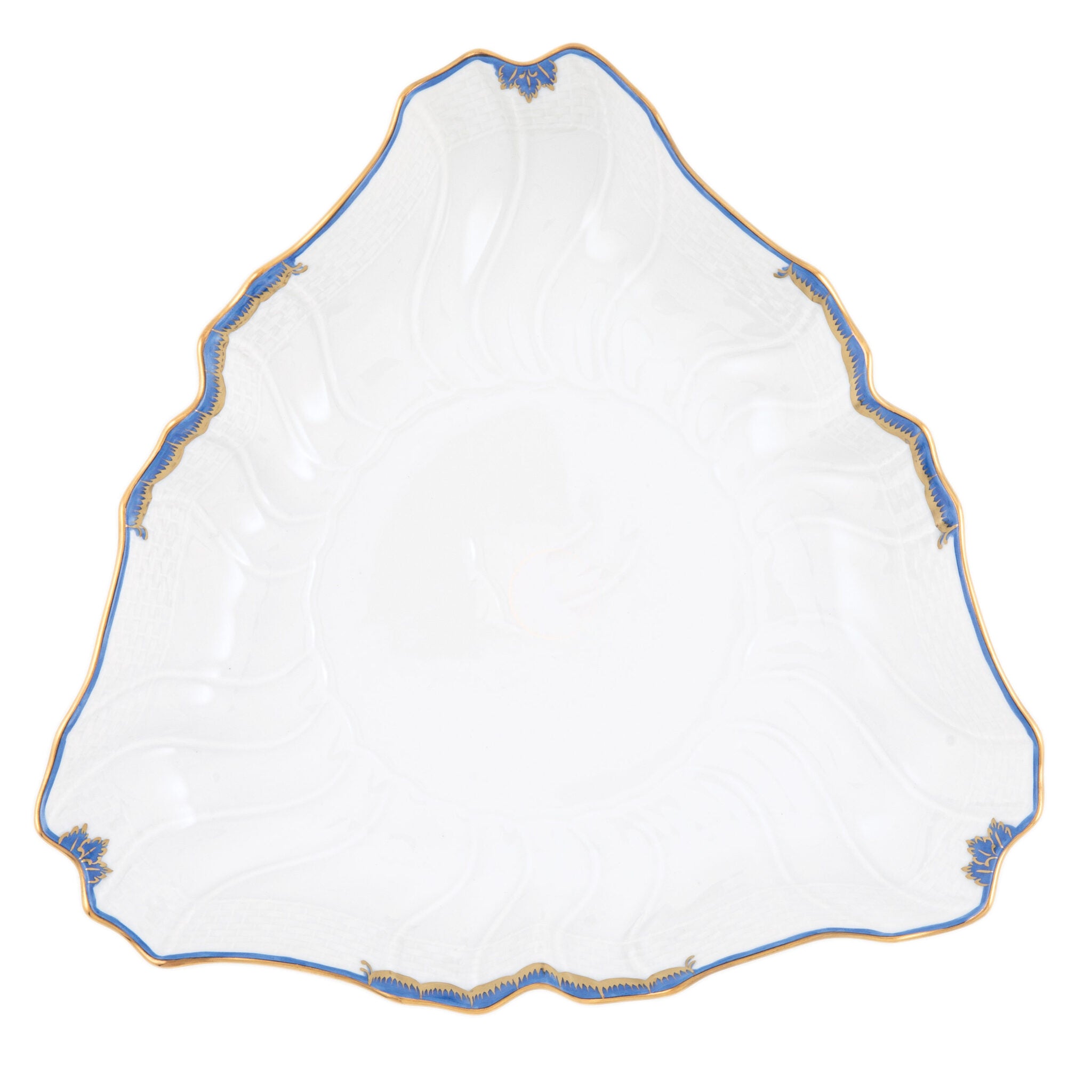 Hand-painted Herend Princess Victoria Blue Triangle Dish in fine porcelain, 9.5in L, on a white background