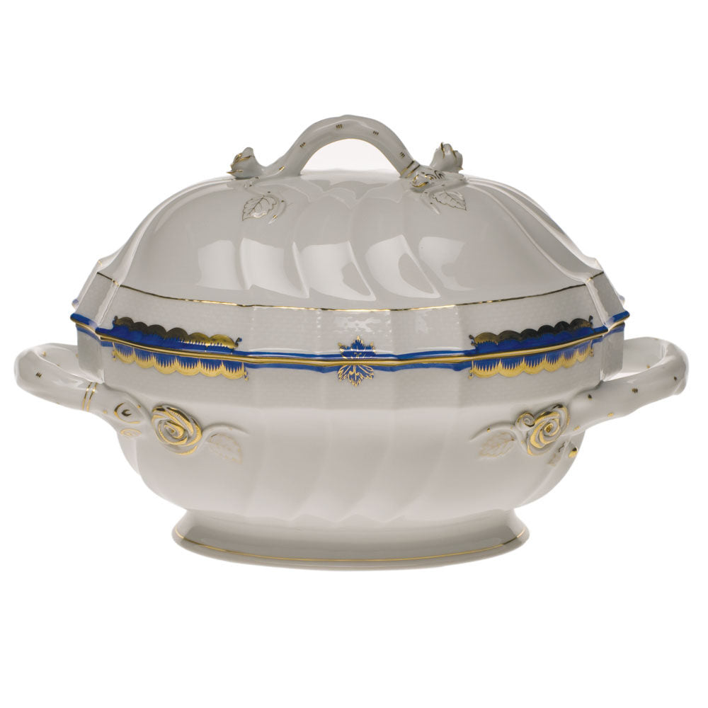 Hand-painted Herend Princess Victoria Blue Tureen with Branch in fine porcelain, (2 QT) 9.5in H, on a white background