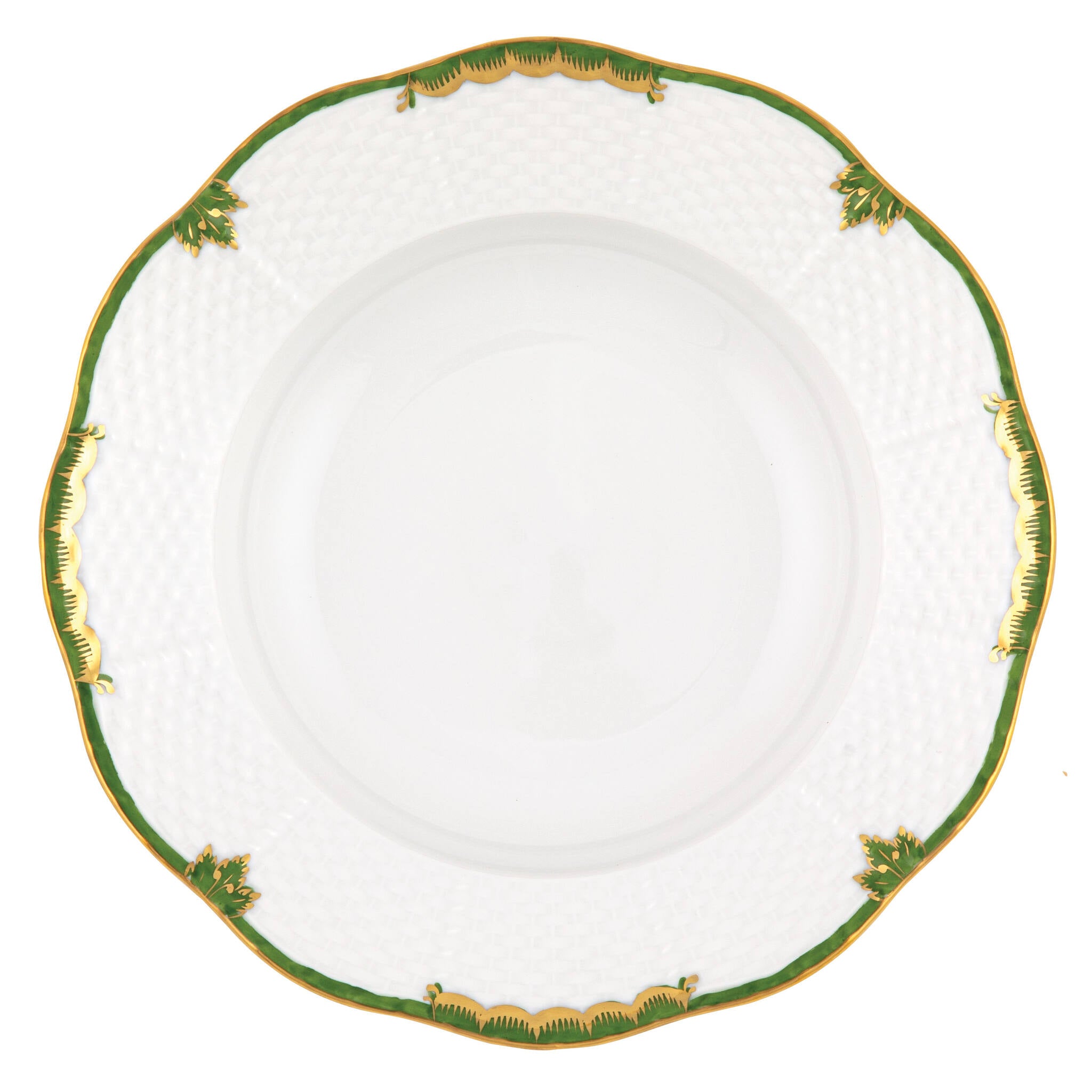 Hand-painted Herend Princess Victoria Dark Green Rim Soup Plate Soup Plates & Rimmed Soup Bowl in fine porcelain, 8in D, on a white background
