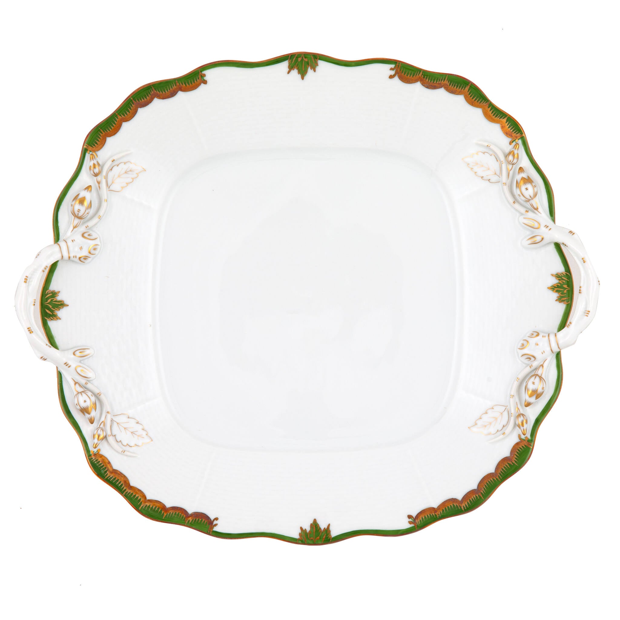 Hand-painted Herend Princess Victoria Dark Green Square Cake Plate with Handles in fine porcelain, 9.5in SQ, on a white background