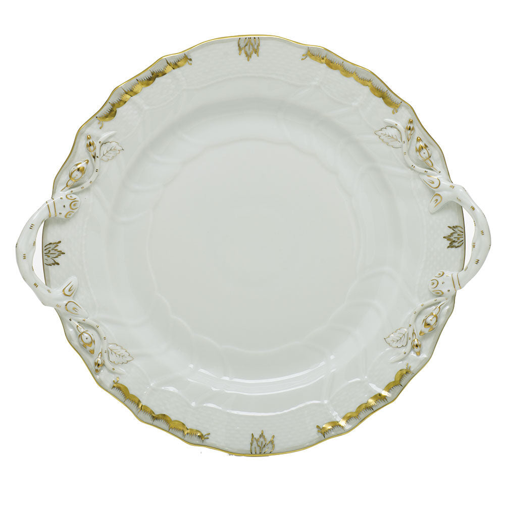 Hand-painted Herend Princess Victoria Gray Chop Plate with Handles in fine porcelain, 12in D, on a white background