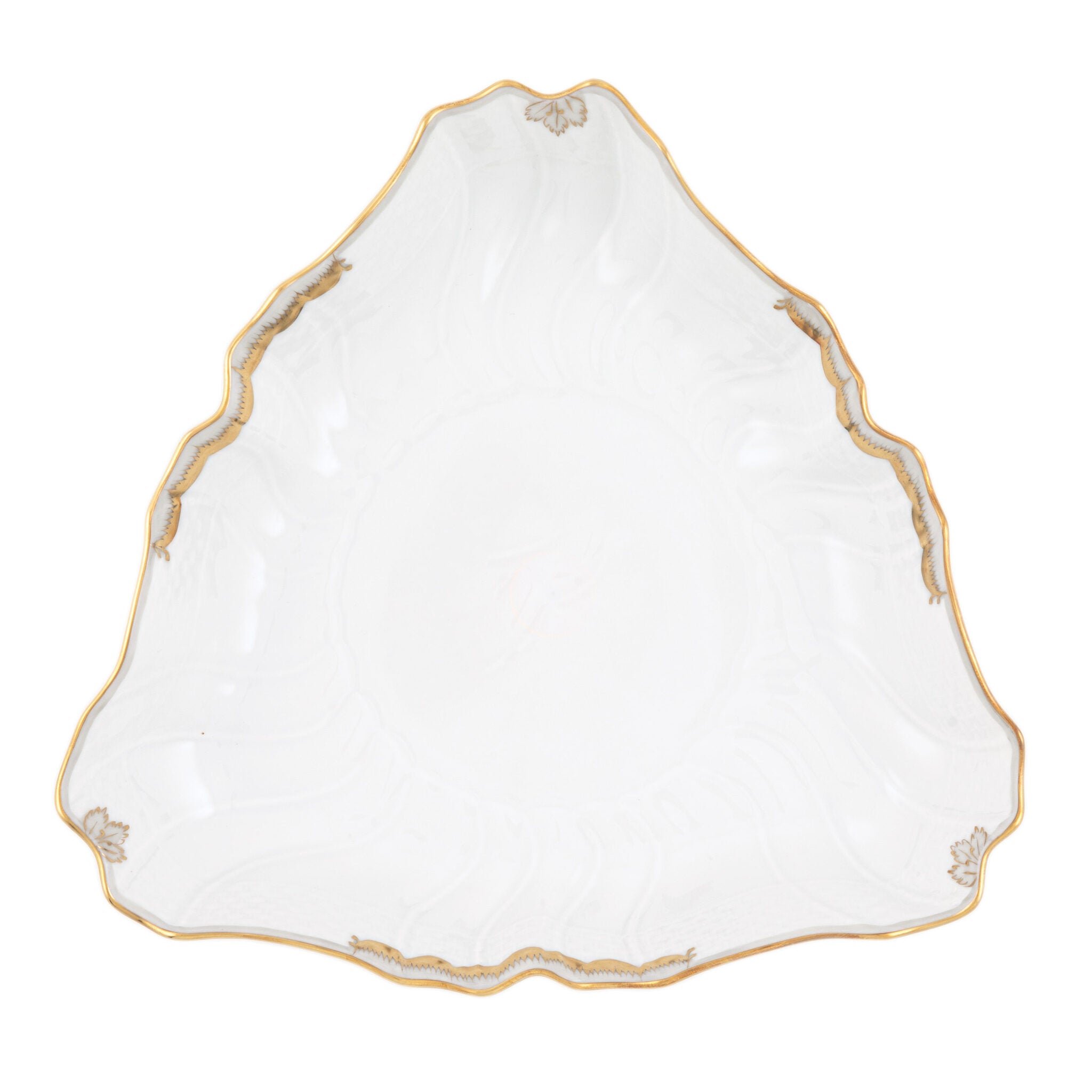 Hand-painted Herend Princess Victoria Gray Triangle Dish in fine porcelain, 9.5in L, on a white background