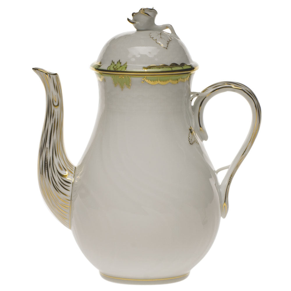 Hand-painted Herend Princess Victoria Green Coffee Pot with Rose Coffeepot in fine porcelain, (36 OZ) 8.5in H, on a white background