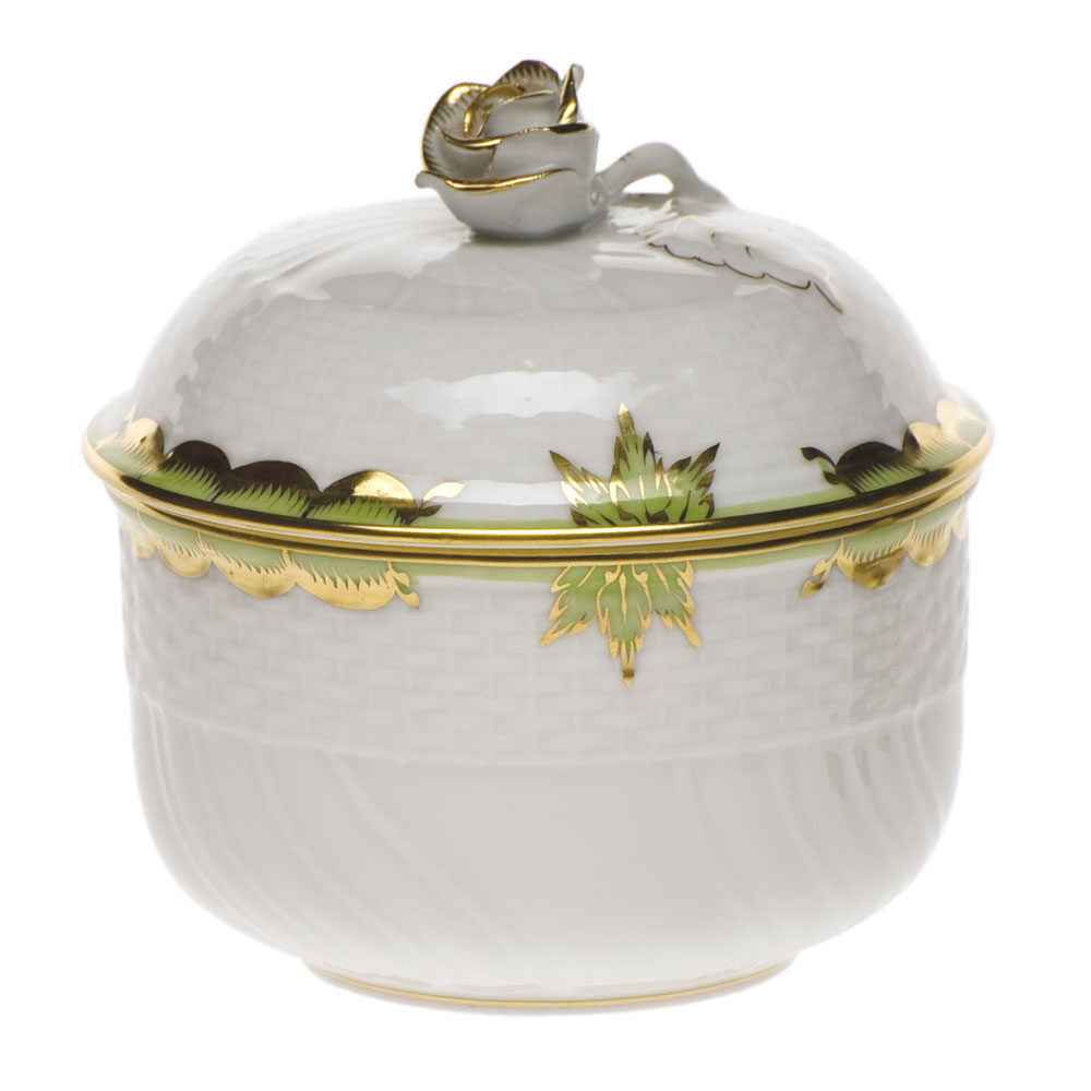 Hand-painted Herend Princess Victoria Green Covered Sugar with Rose Sugar Bowl in fine porcelain, (6 OZ) 4in H, on a white background