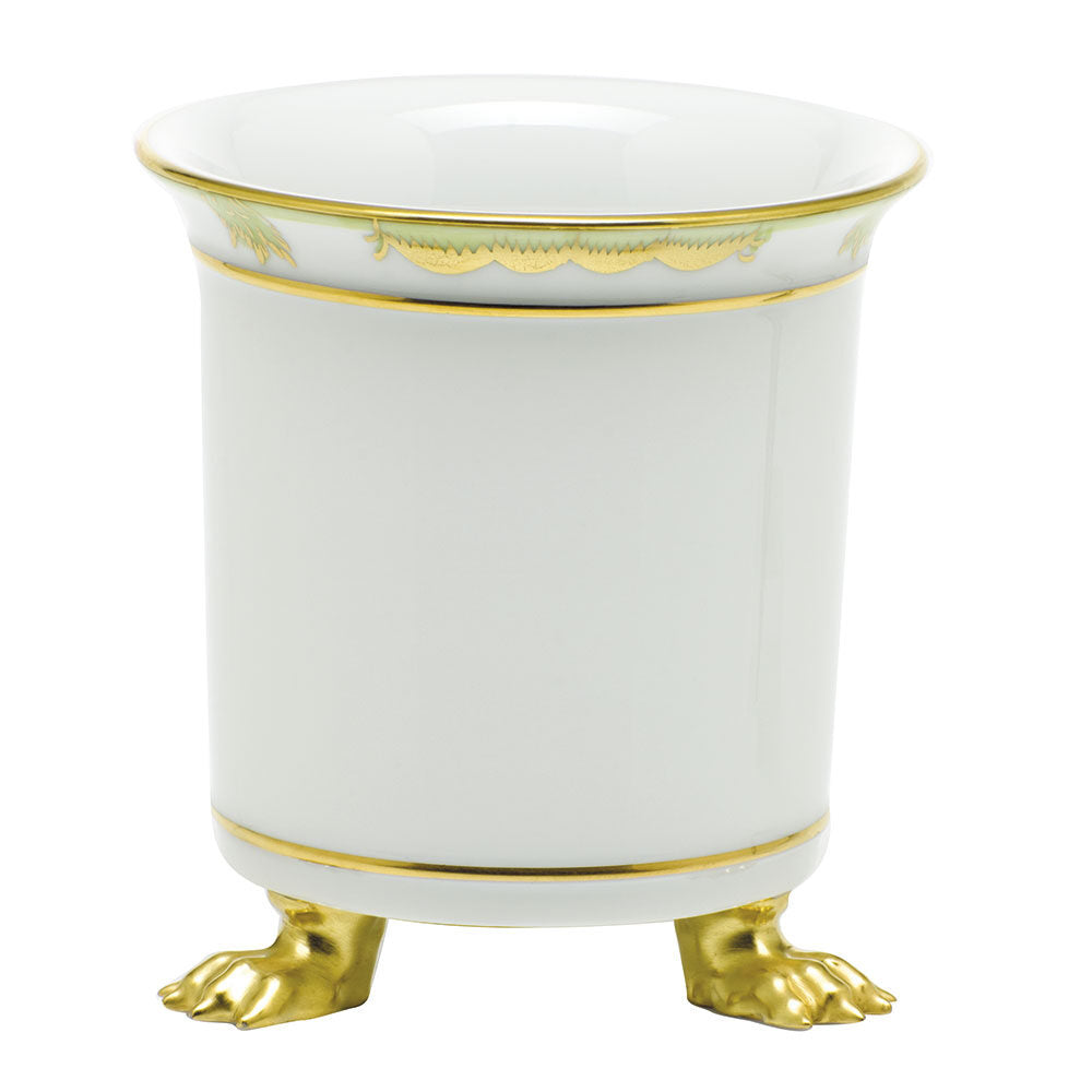 Hand-painted Herend Princess Victoria Green Mini Cachepot with Feet in fine porcelain, 3.75in L X 4in H, on a white background