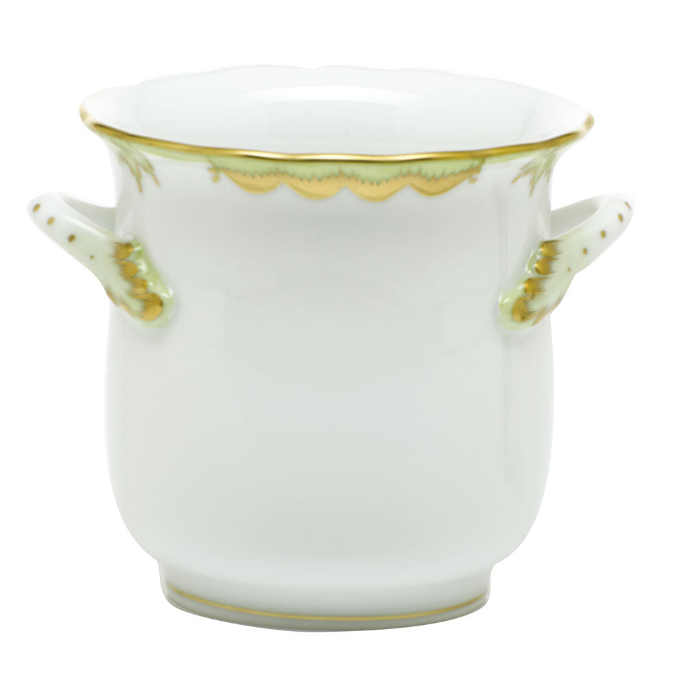 Hand-painted Herend Princess Victoria Green Mini Cachepot with Handles in fine porcelain, 4.75in L X 3.75in H, on a white background