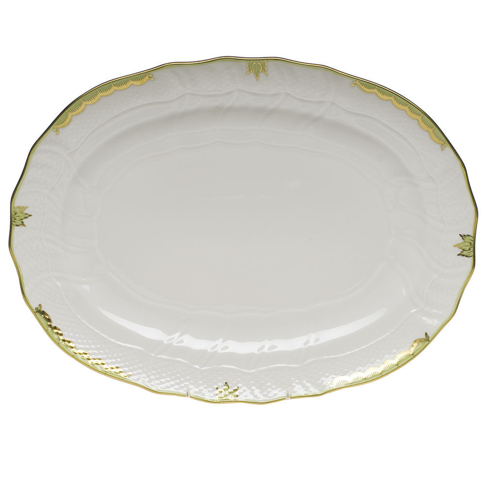 Hand-painted Herend Princess Victoria Green Platter in fine porcelain, 15in L X 11.5in W, on a white background