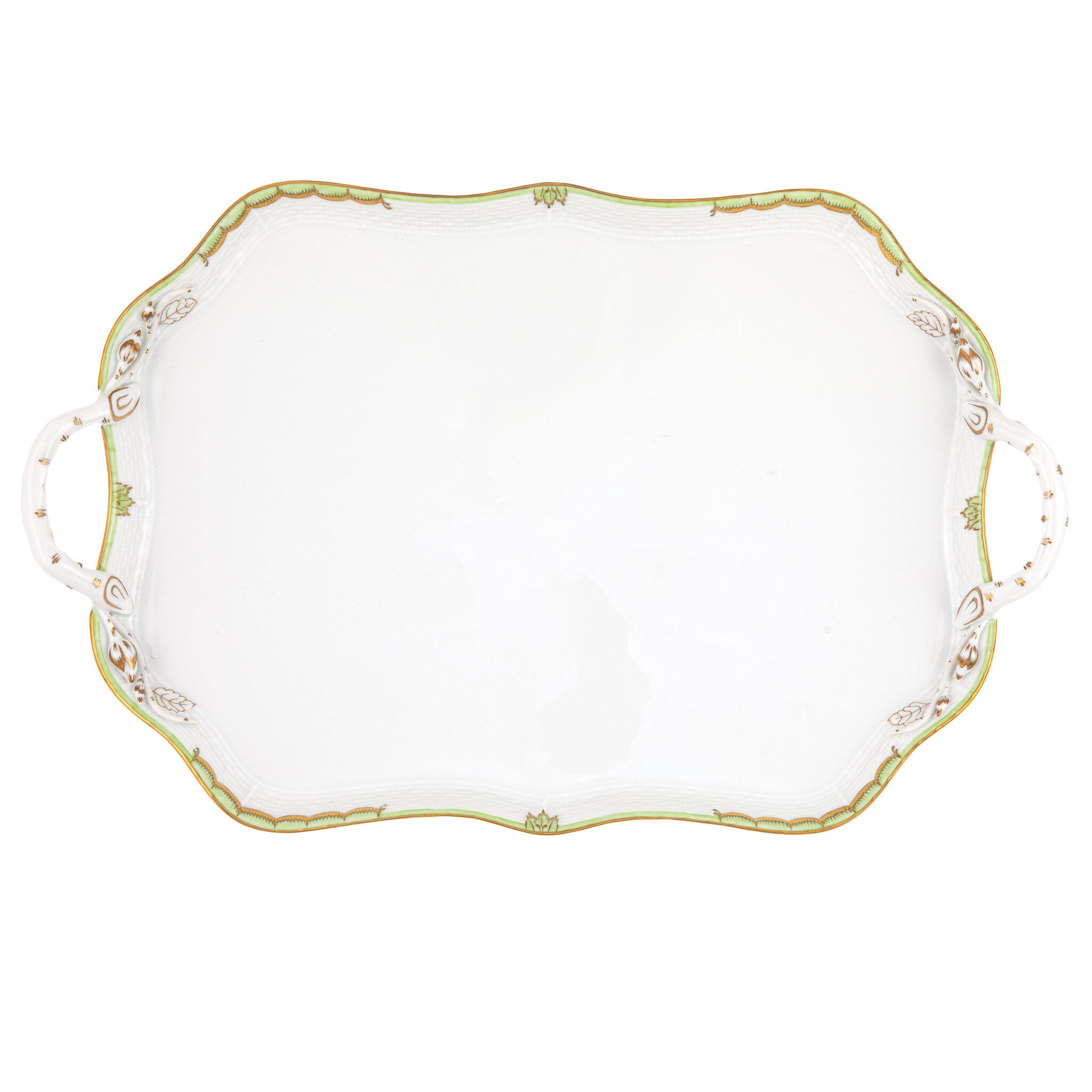 Hand-painted Herend Princess Victoria Green Rec Tray with Branch Handles in fine porcelain, 18in L, on a white background