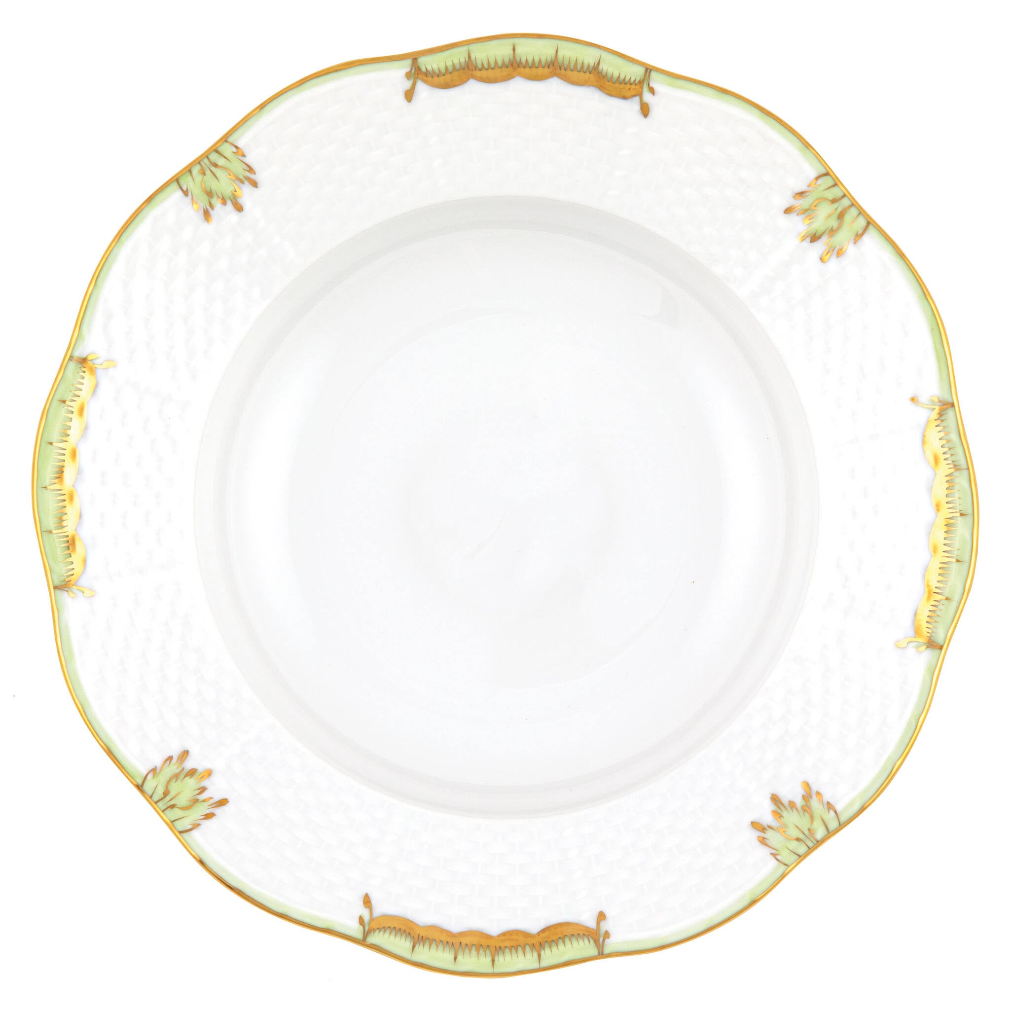 Hand-painted Herend Princess Victoria Green Rim Soup Plate Soup Plates & Rimmed Soup Bowl in fine porcelain, 8in D, on a white background
