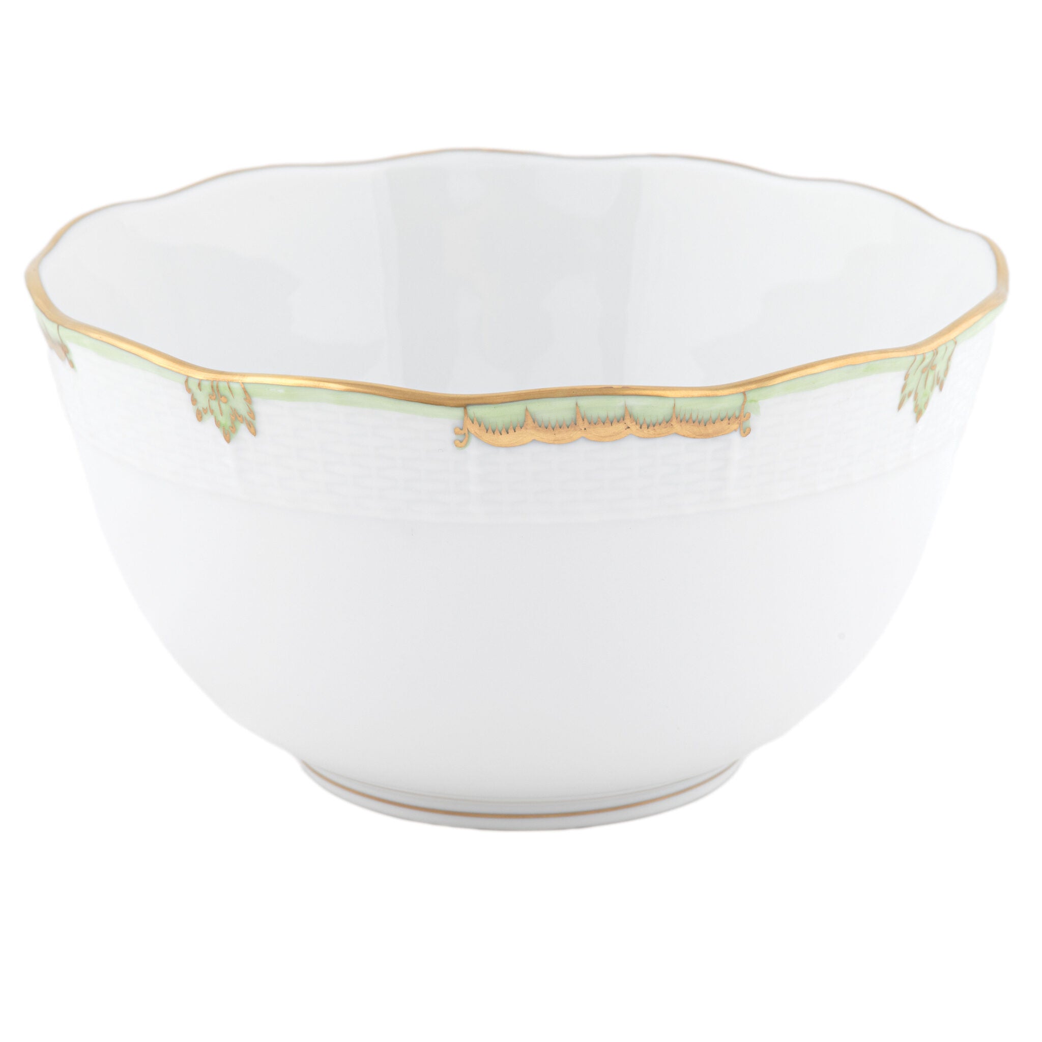 Hand-painted Herend Princess Victoria Green Round Bowl in fine porcelain, (3.5 PT) 7.5in D, on a white background