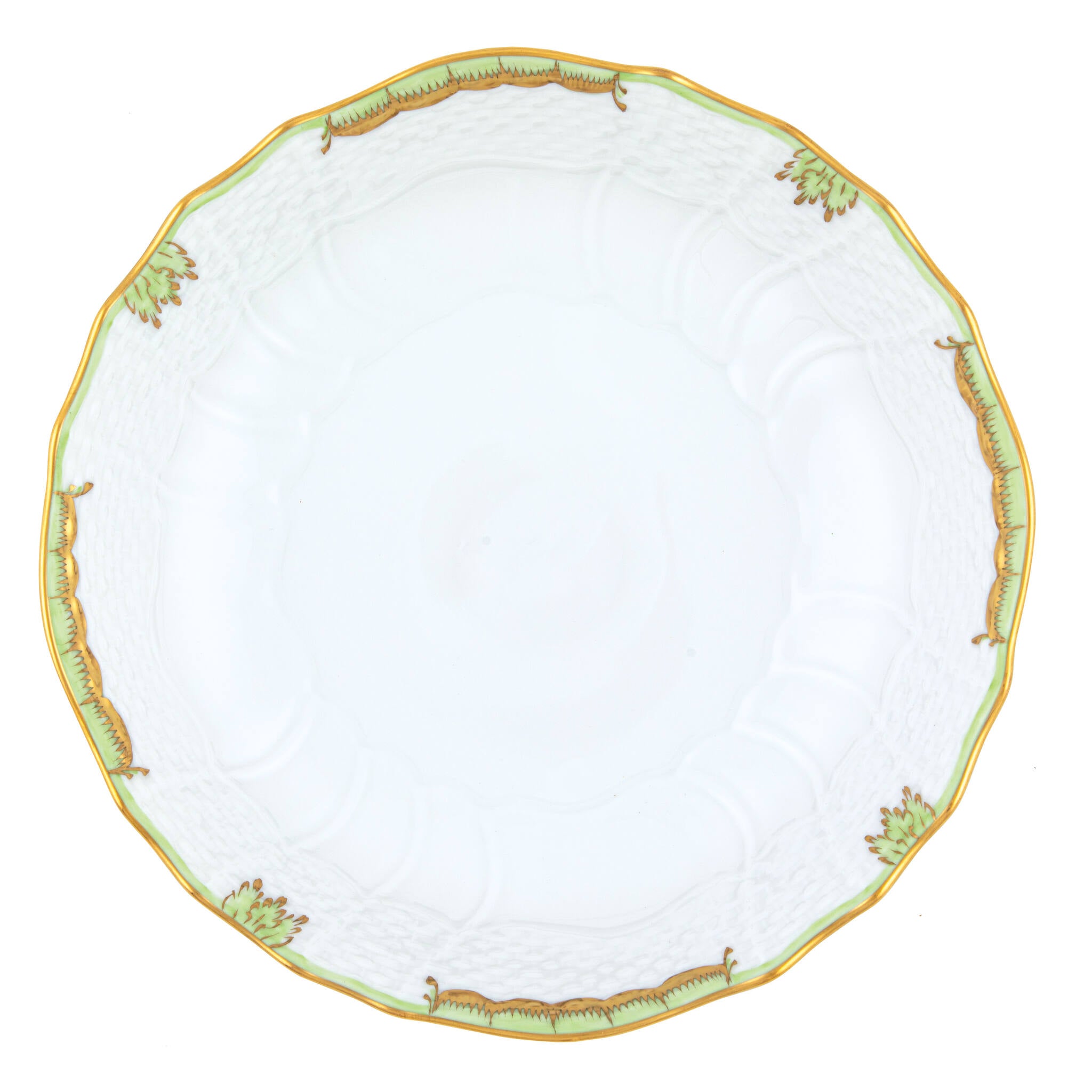 Hand-painted Herend Princess Victoria Green Scalloped Dinner Bowl in fine porcelain, 8in D X 2in H, on a white background