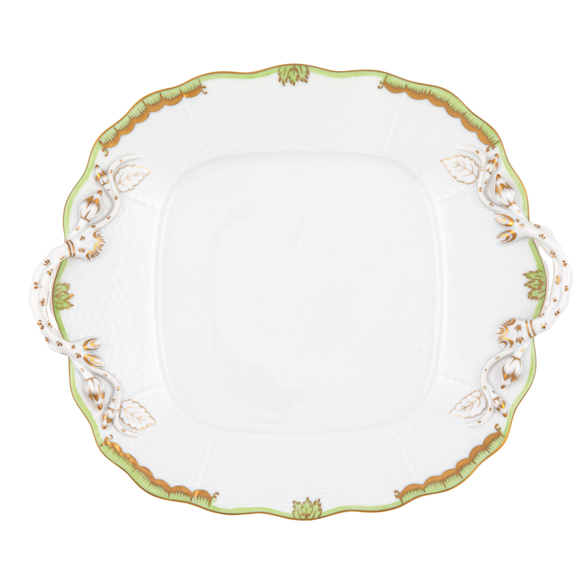 Hand-painted Herend Princess Victoria Green Square Cake Plate with Handles in fine porcelain, 9.5in SQ, on a white background