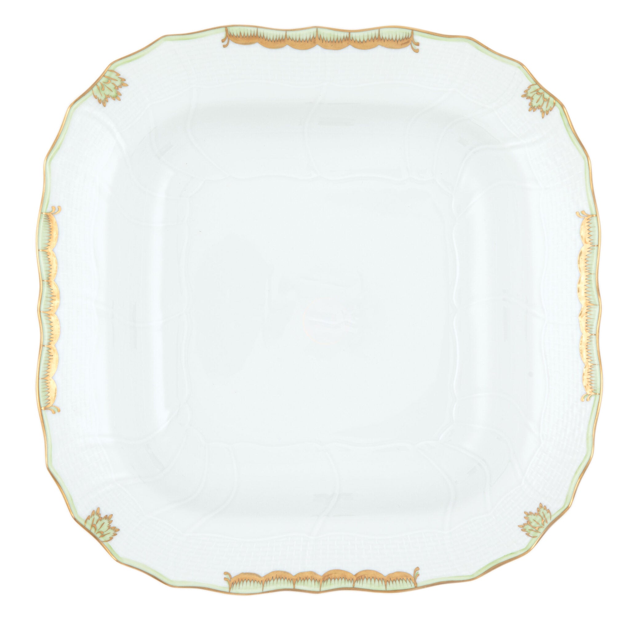 Hand-painted Herend Princess Victoria Green Square Fruit Dish in fine porcelain, 11in SQ, on a white background