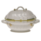 Hand-painted Herend Princess Victoria Green Tureen with Branch in fine porcelain, (2 QT) 9.5in H, on a white background