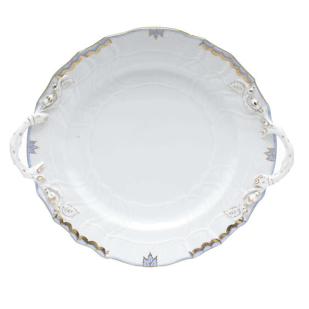 Hand-painted Herend Princess Victoria Light Blue Chop Plate with Handles in fine porcelain, 12in D, on a white background