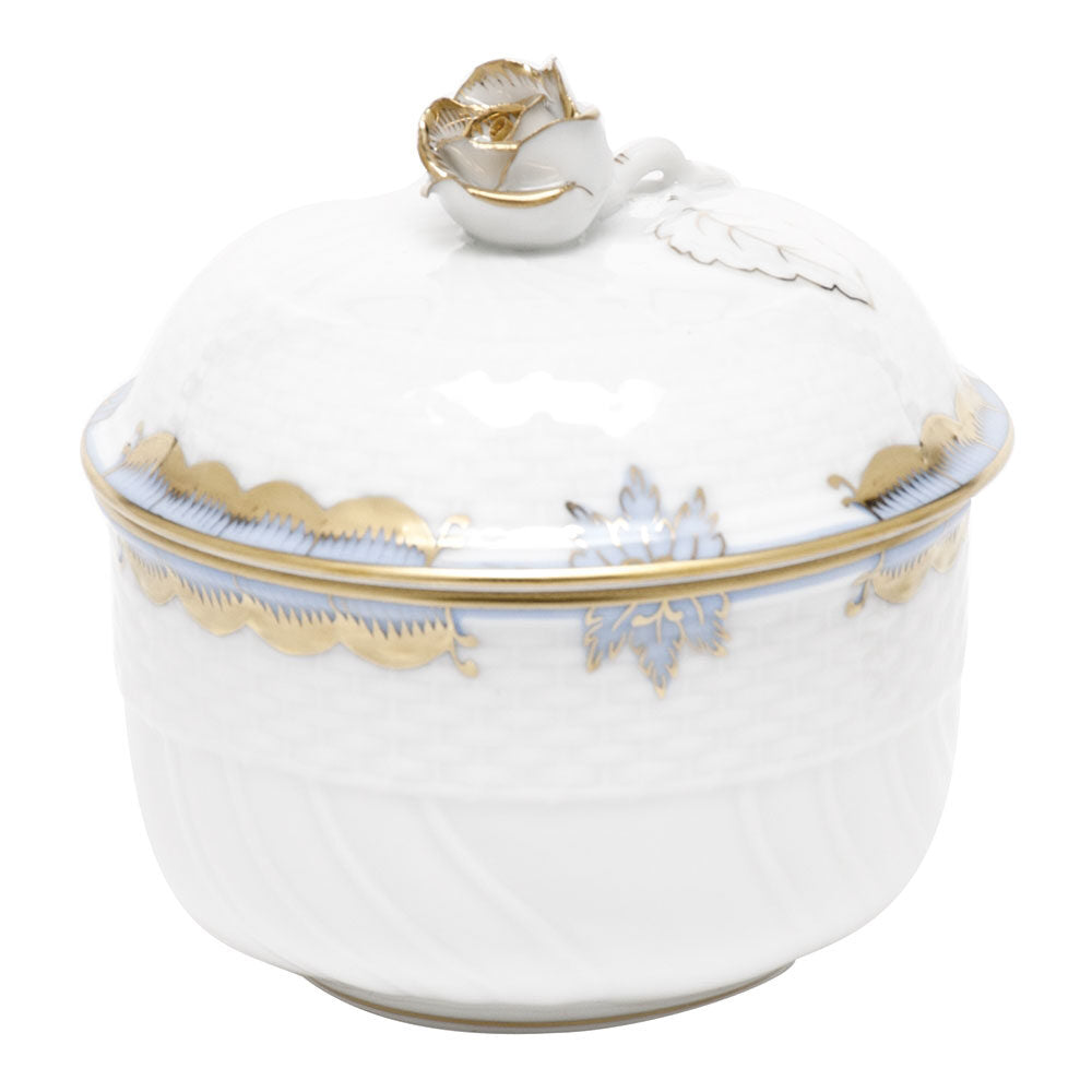 Hand-painted Herend Princess Victoria Light Blue Covered Sugar with Rose Sugar Bowl in fine porcelain, (6 OZ) 4in H, on a white background