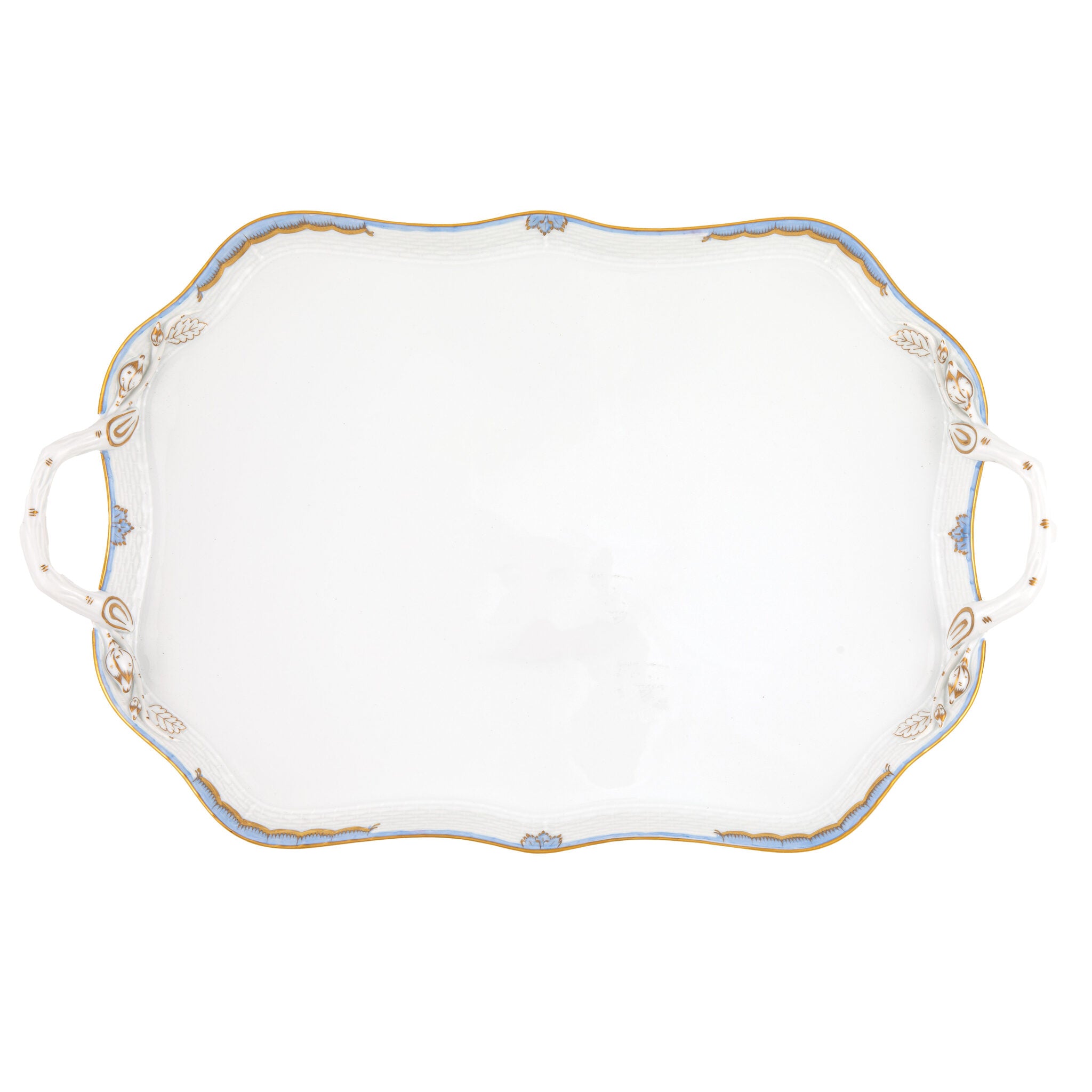 Hand-painted Herend Princess Victoria Light Blue Rec Tray with Branch Handles in fine porcelain, 18in L, on a white background