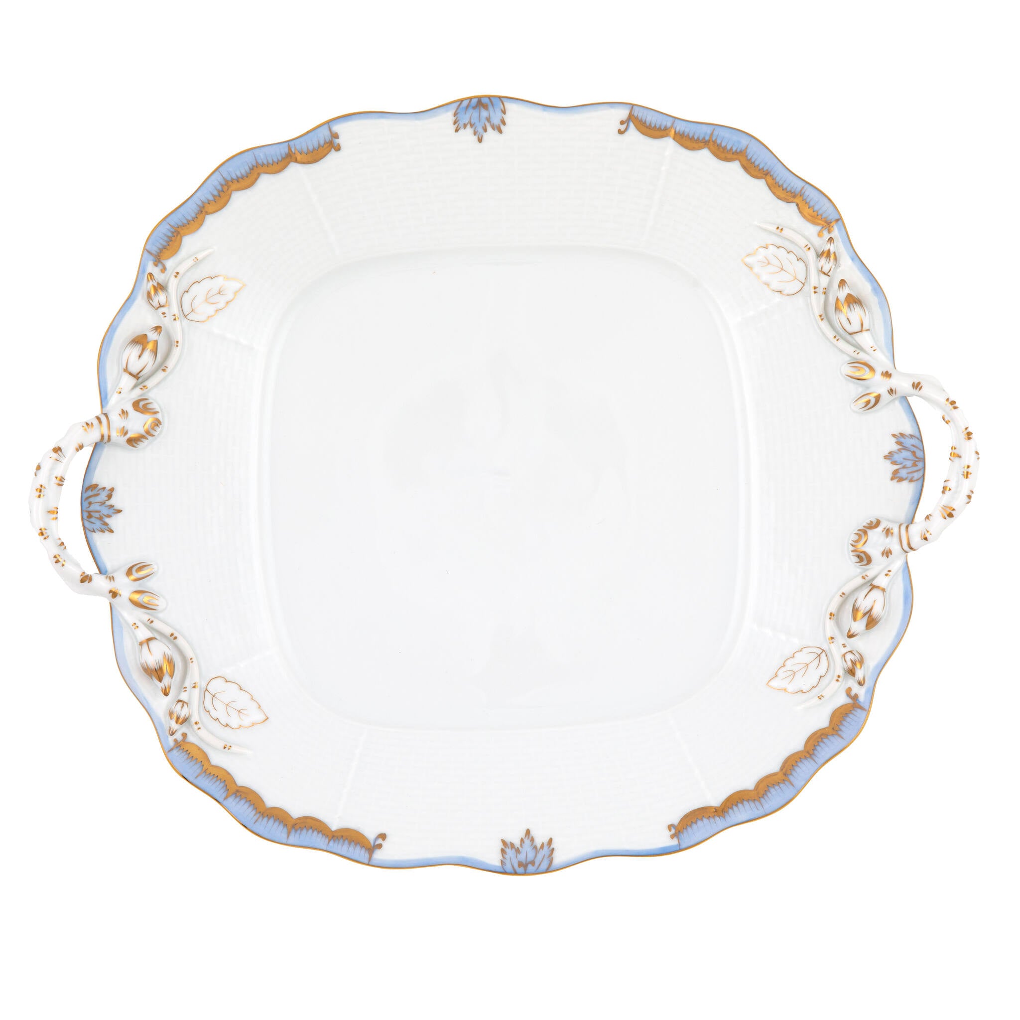 Hand-painted Herend Princess Victoria Light Blue Square Cake Plate with Handles in fine porcelain, 9.5in SQ, on a white background