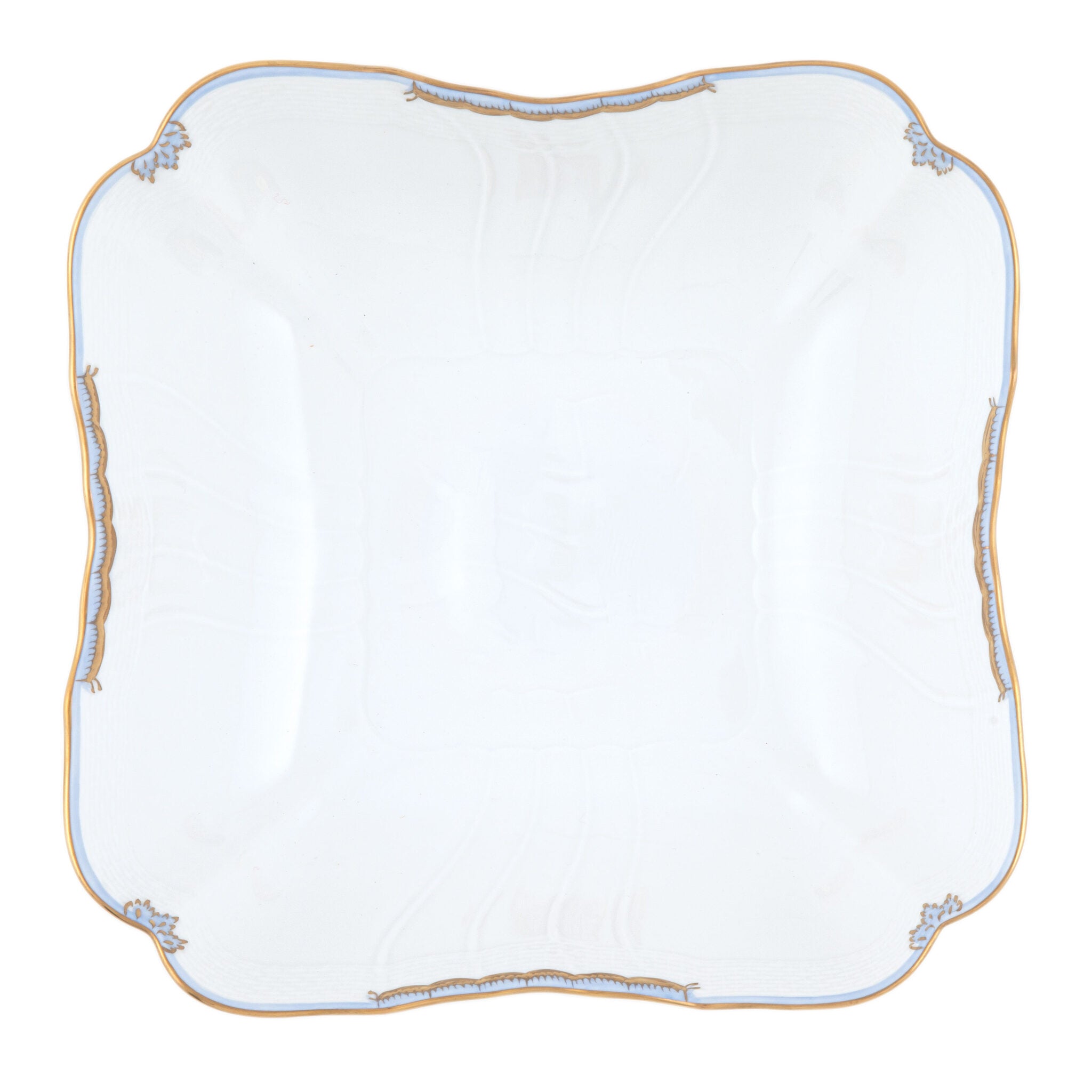 Hand-painted Herend Princess Victoria Light Blue Square Salad Bowl in fine porcelain, 10in SQ, on a white background