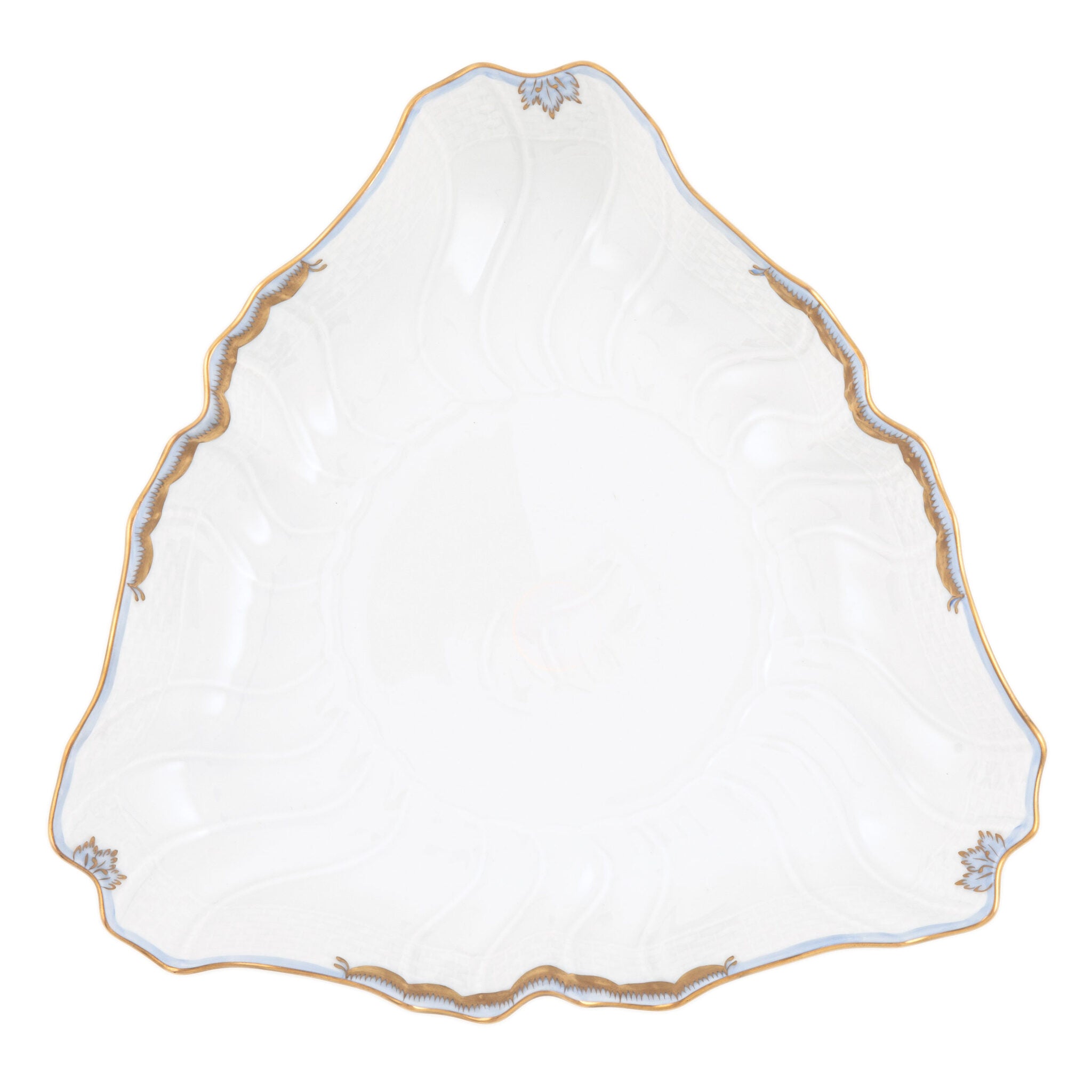 Hand-painted Herend Princess Victoria Light Blue Triangle Dish in fine porcelain, 9.5in L, on a white background