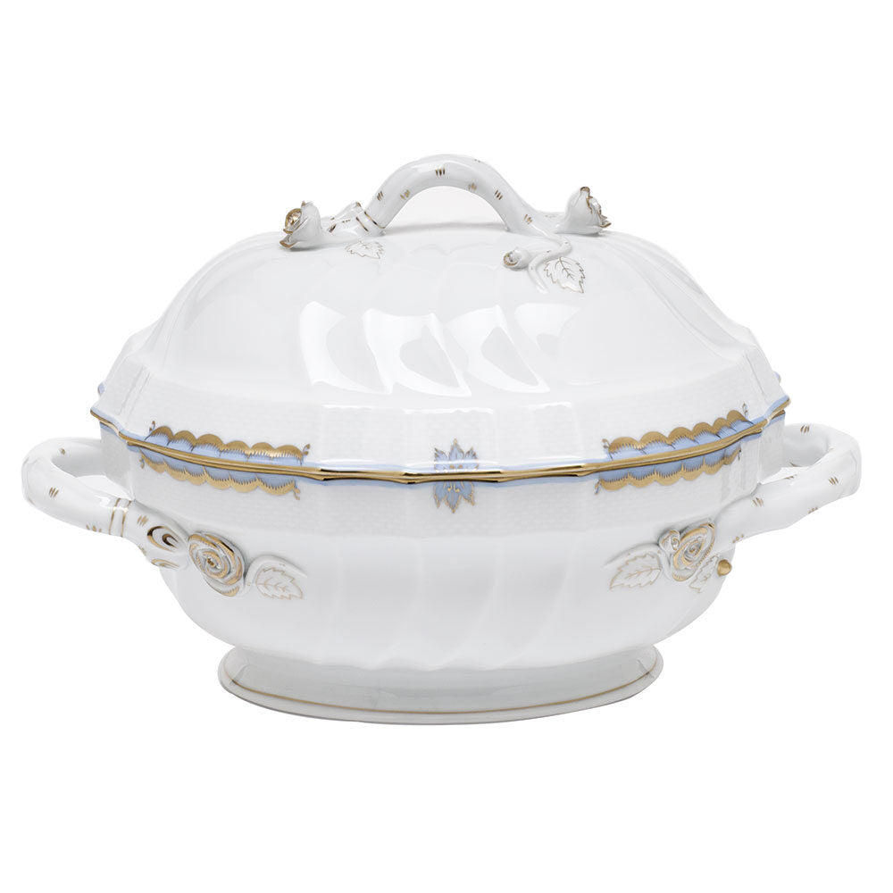 Hand-painted Herend Princess Victoria Light Blue Tureen with Branch in fine porcelain, (2 QT) 9.5in H, on a white background