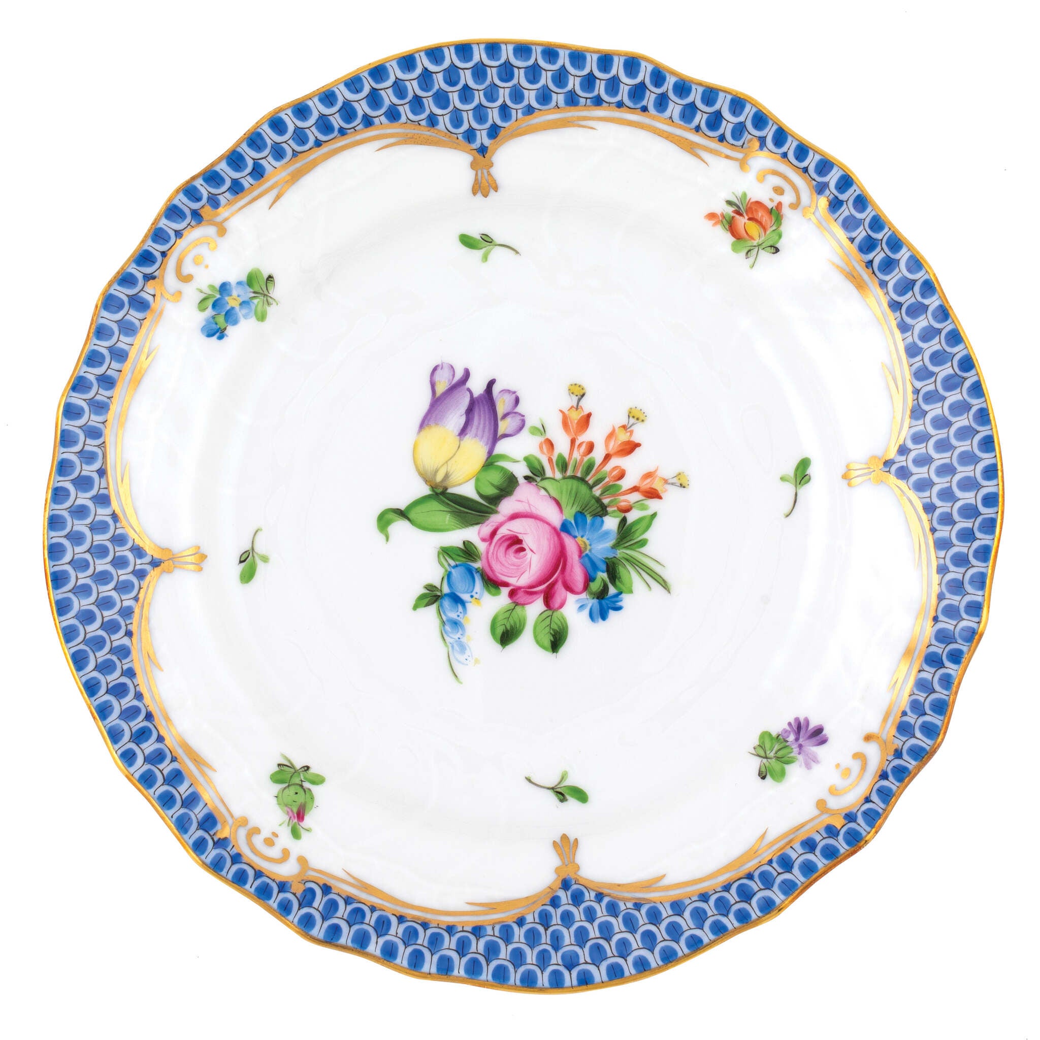 Hand-painted Herend Printemps Blue Border Bread and Butter Plate in fine porcelain, 6in D,, Motif 4, on a white background