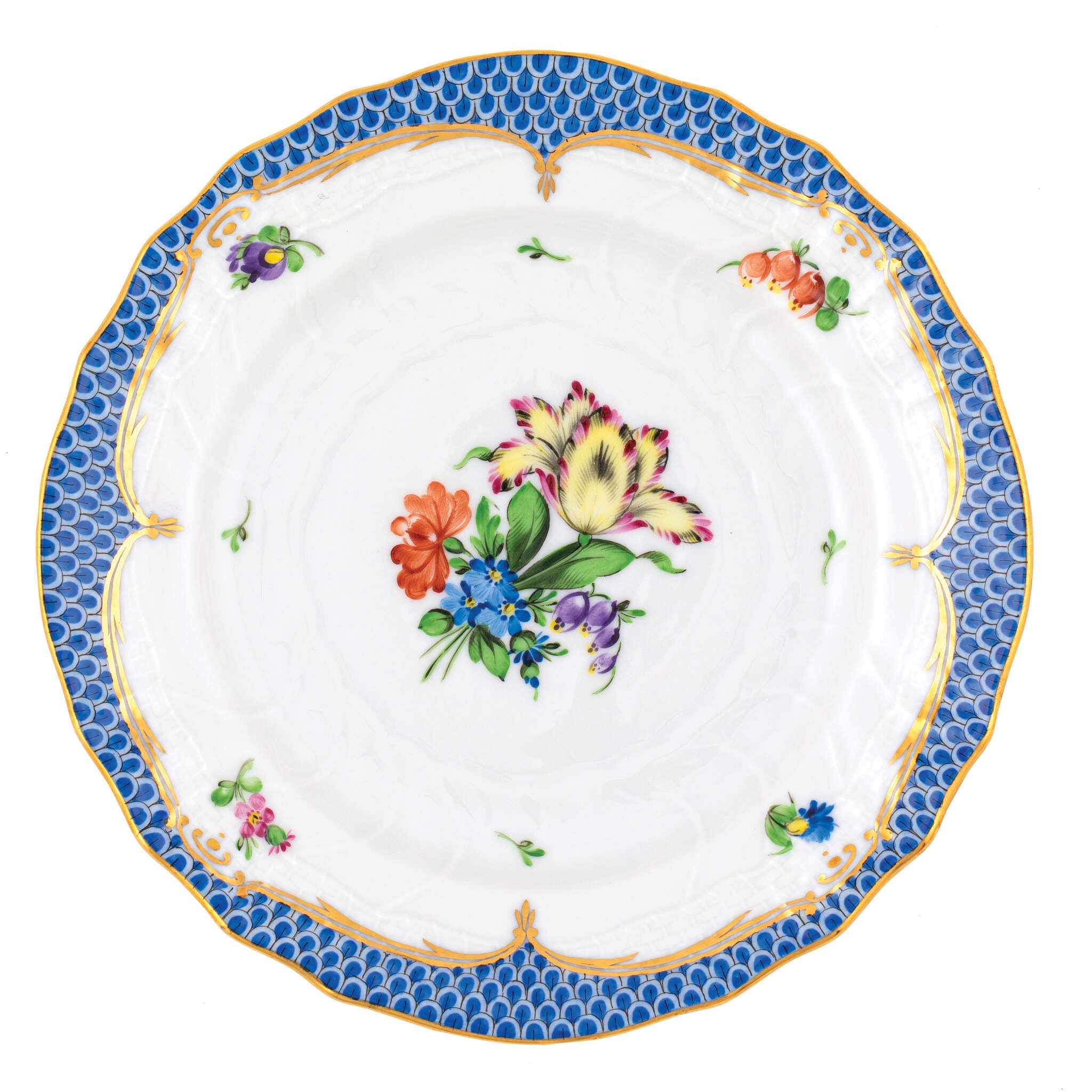 Hand-painted Herend Printemps Blue Border Bread and Butter Plate in fine porcelain, 6in D,, Motif 5, on a white background
