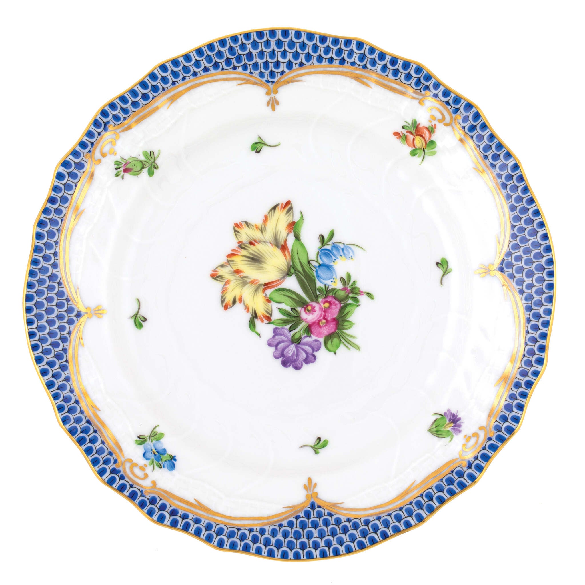 Hand-painted Herend Printemps Blue Border Bread and Butter Plate in fine porcelain, 6in D,, Motif 6, on a white background