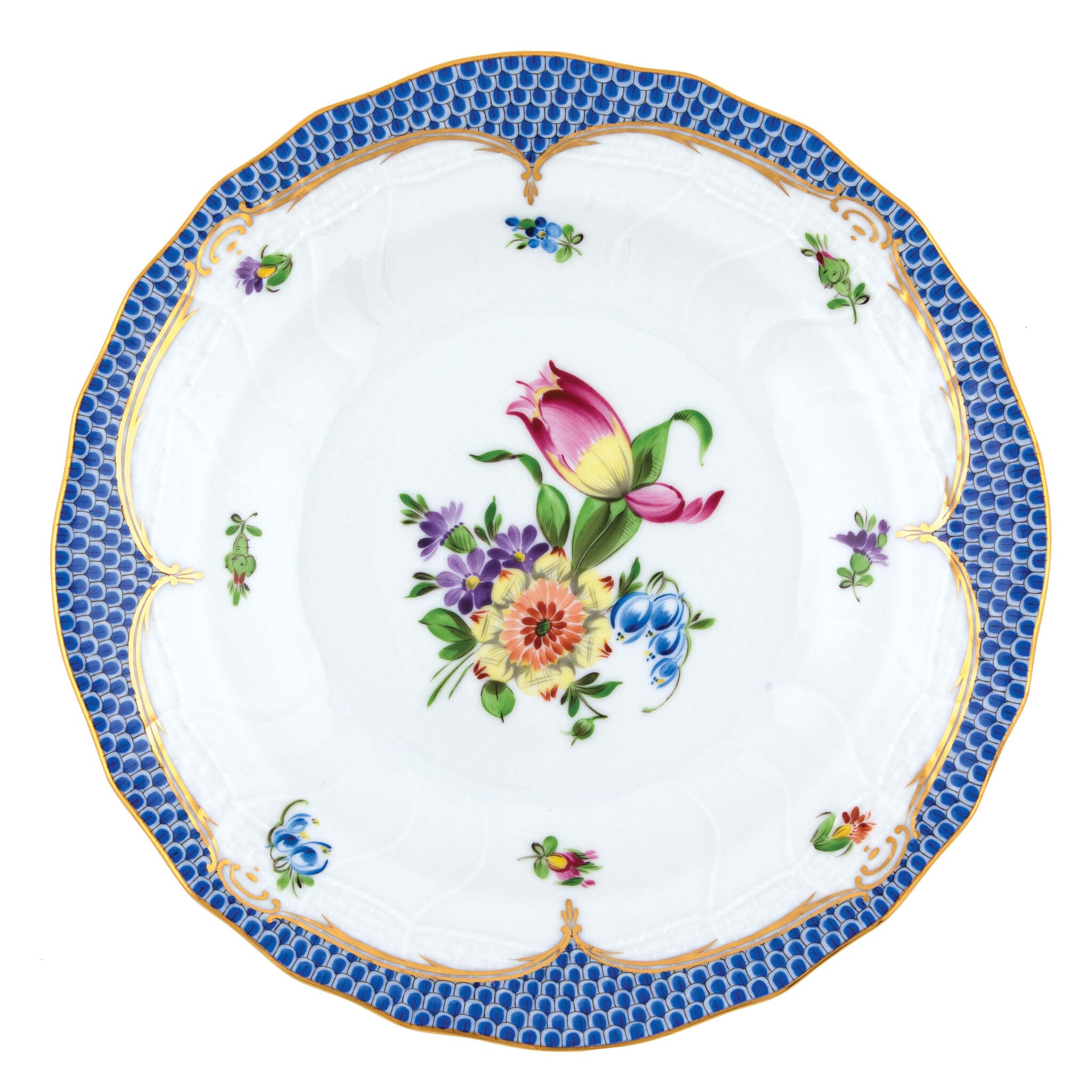 Hand-painted Herend Printemps Blue Border Dessert Plate in fine porcelain, 8.25in D,, Motif 3, on a white background