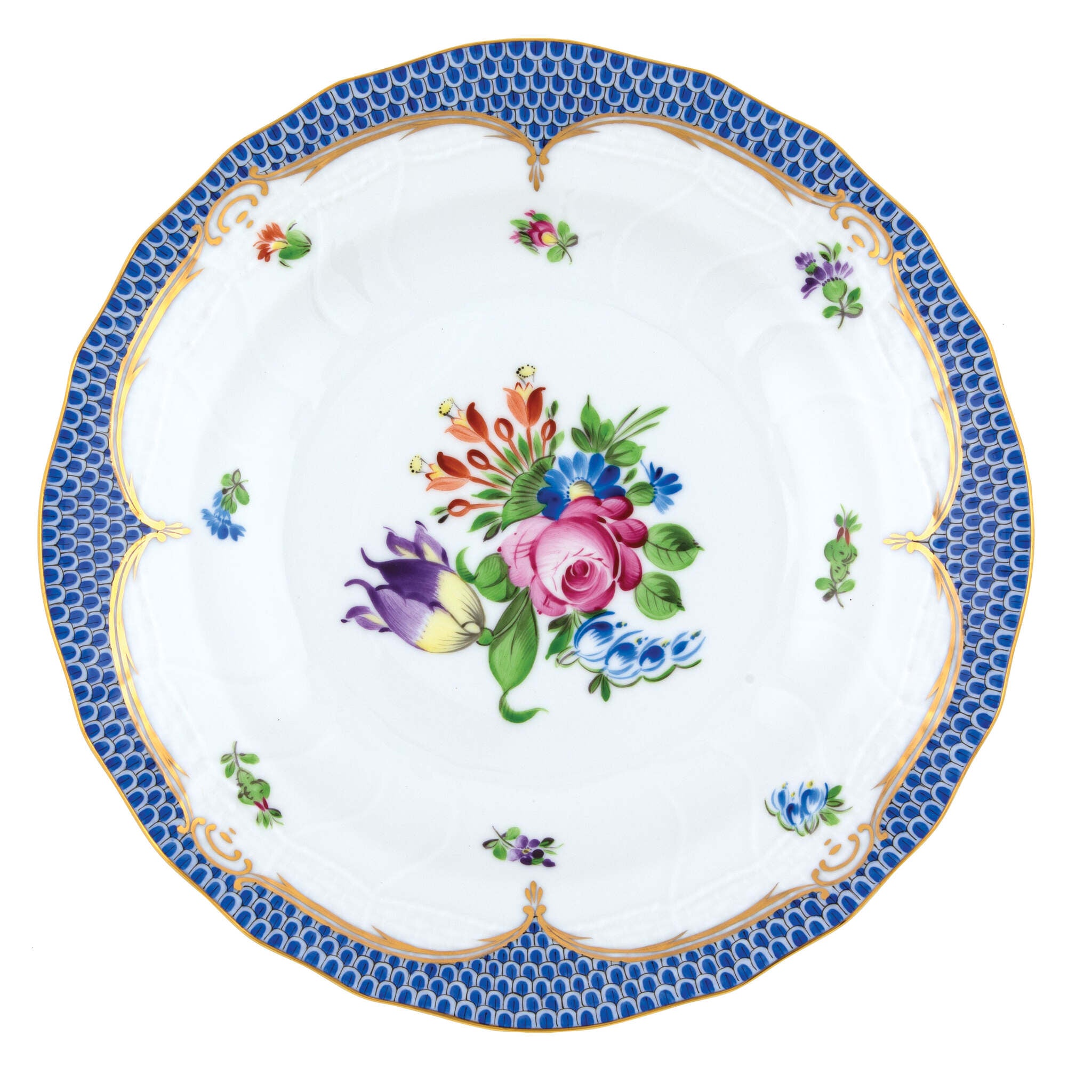 Hand-painted Herend Printemps Blue Border Dessert Plate in fine porcelain, 8.25in D,, Motif 4, on a white background