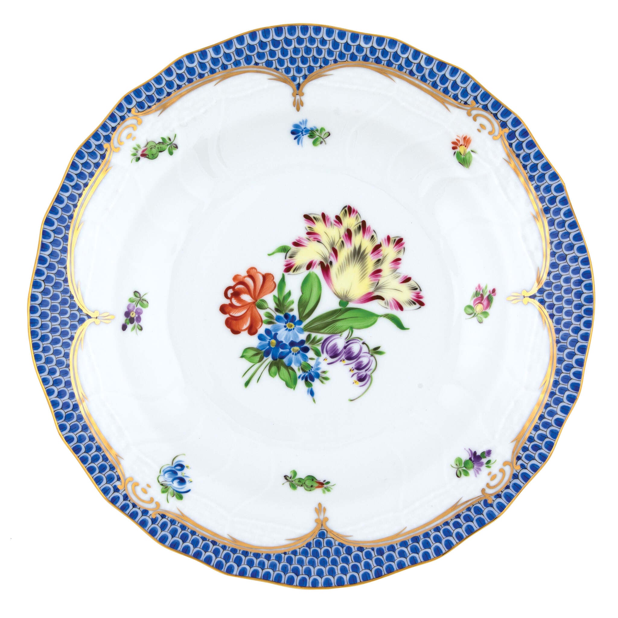 Hand-painted Herend Printemps Blue Border Dessert Plate in fine porcelain, 8.25in D,, Motif 5, on a white background